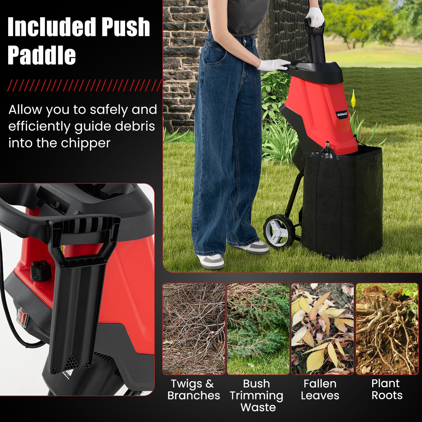 15-AMP Electric Wood Chipper and Shredder Leaf Mulcher with Wheels-Red
