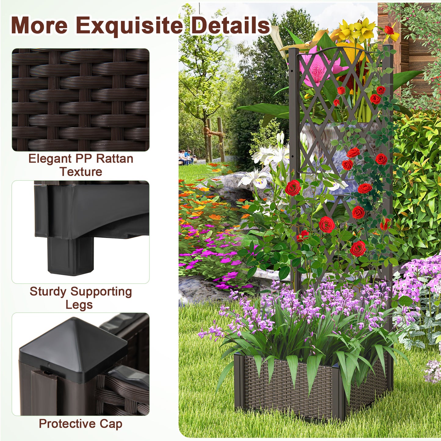 Raised Garden Bed with Trellis Planter Box for Climbing Plants-Coffee