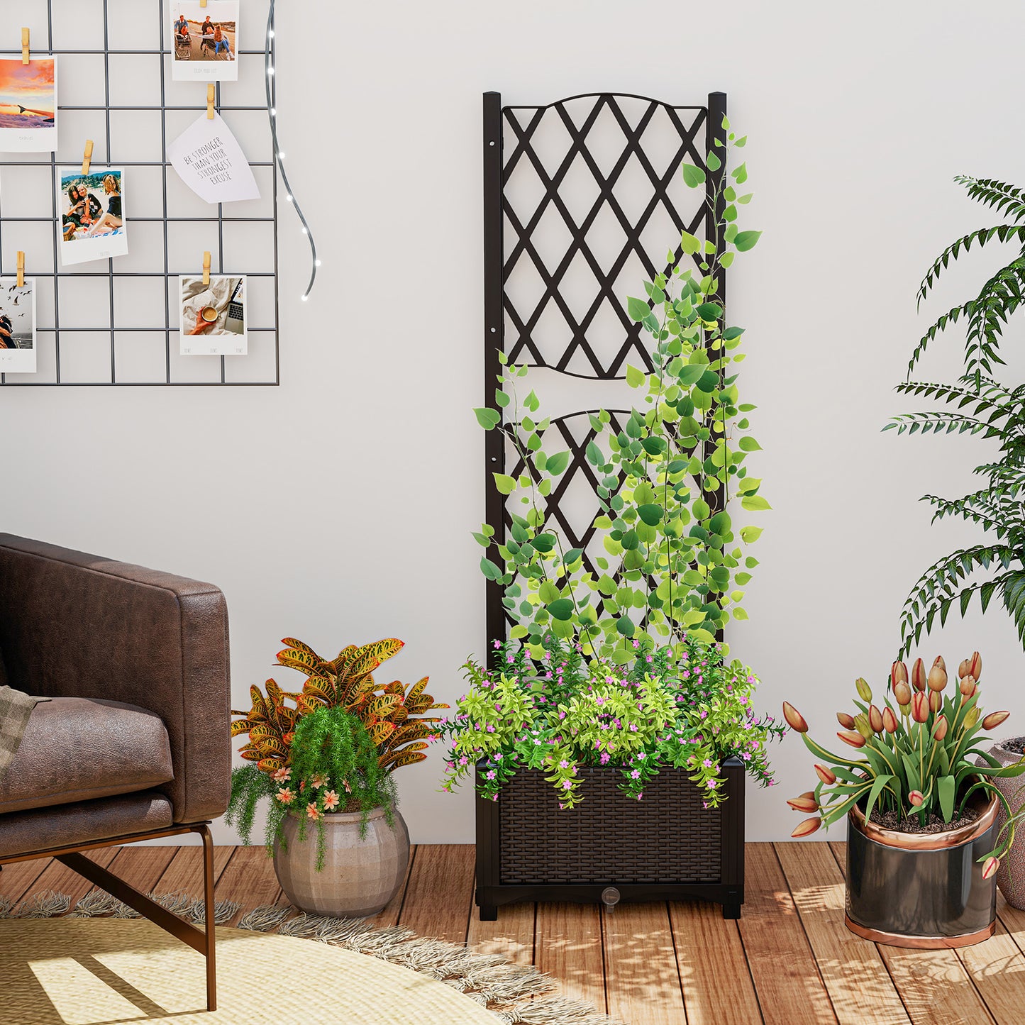Raised Garden Bed with Trellis Planter Box for Climbing Plants-Coffee