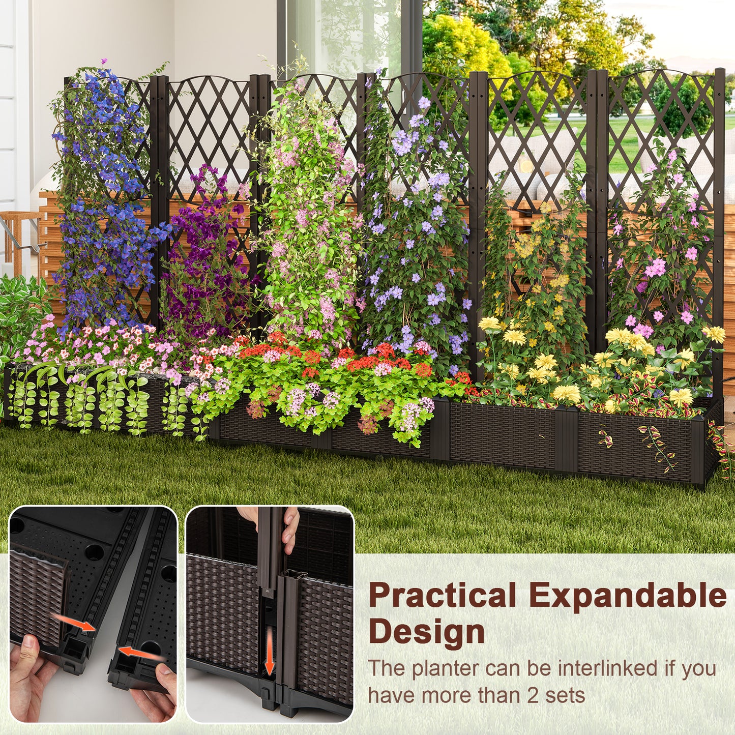 Raised Garden Bed with Trellis for Climbing Plants-Coffee