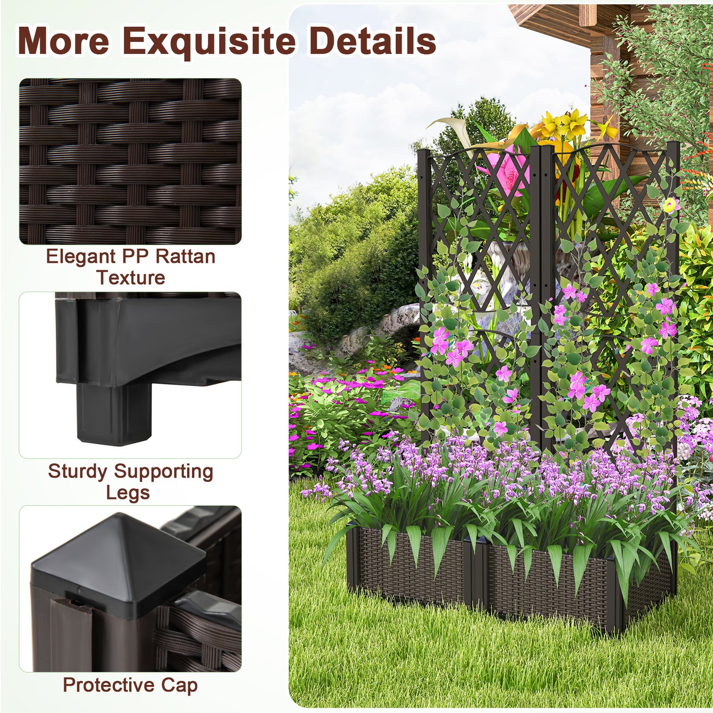 Raised Garden Bed with Trellis for Climbing Plants-Coffee
