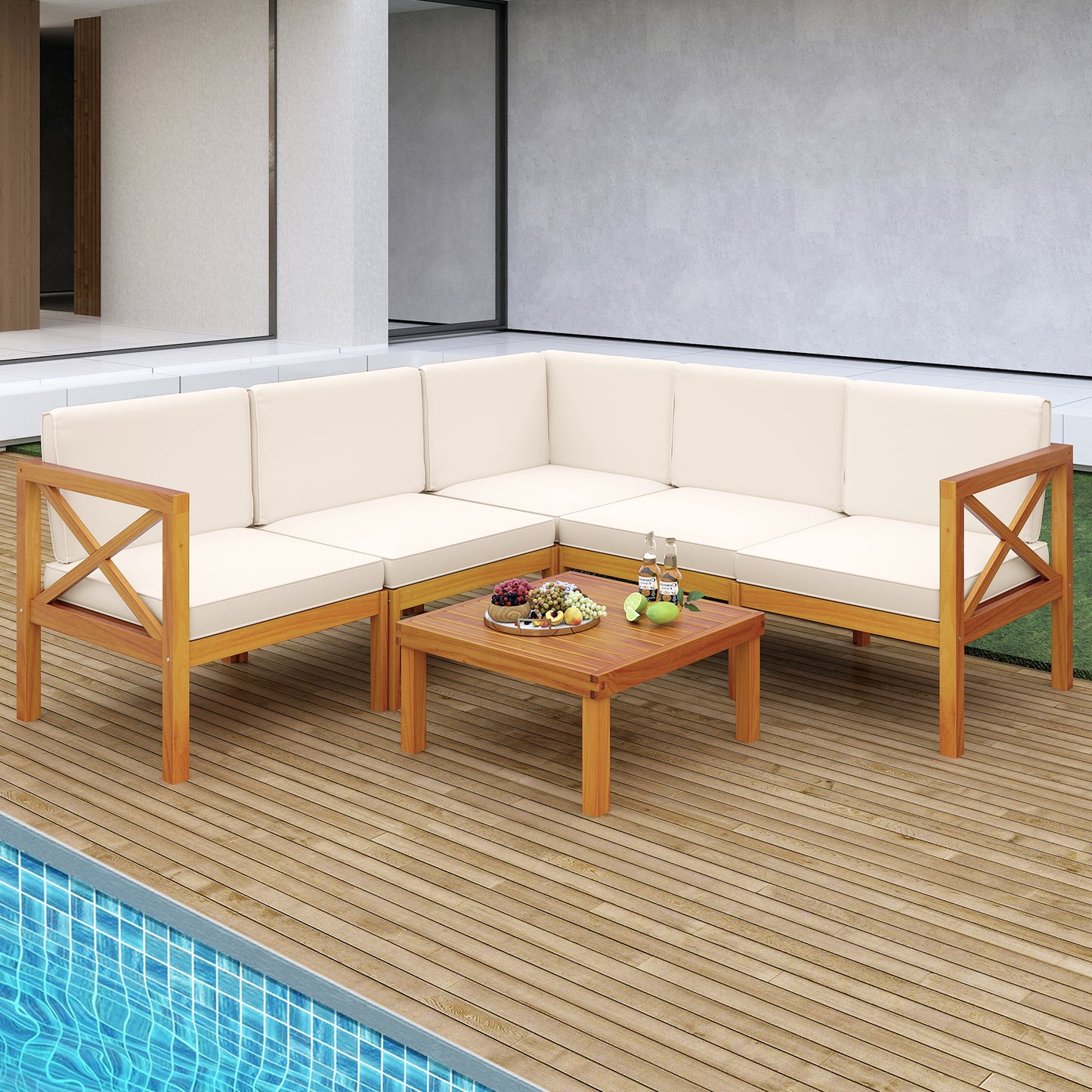 Outdoor 6 Pieces Acacia Wood Patio Sectional Furniture Set-White