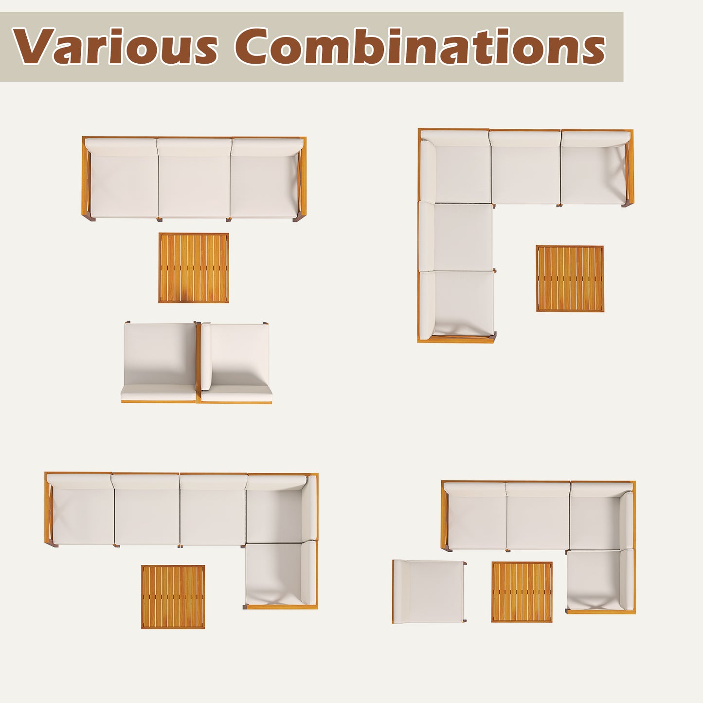 Outdoor 6 Pieces Acacia Wood Patio Sectional Furniture Set-White