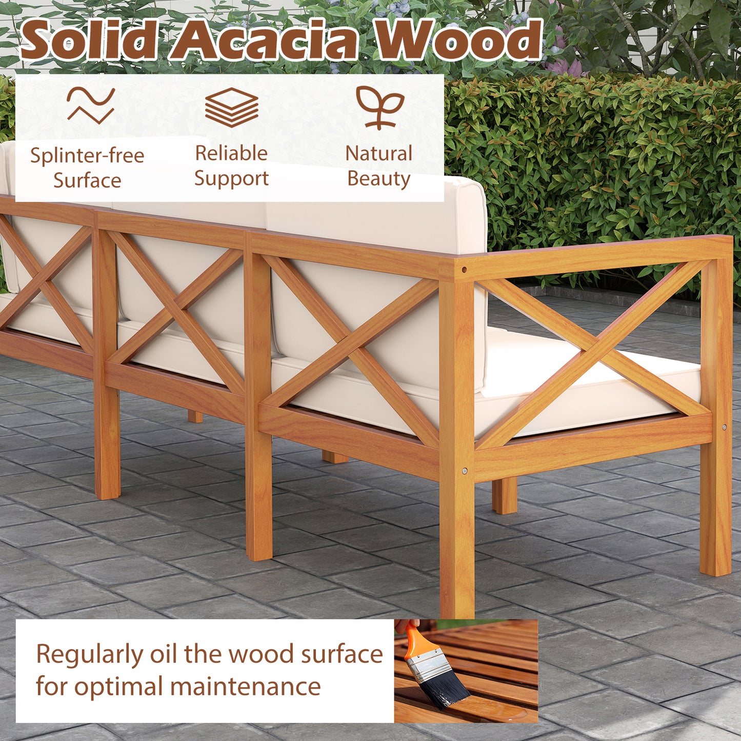 Outdoor 6 Pieces Acacia Wood Patio Sectional Furniture Set-White