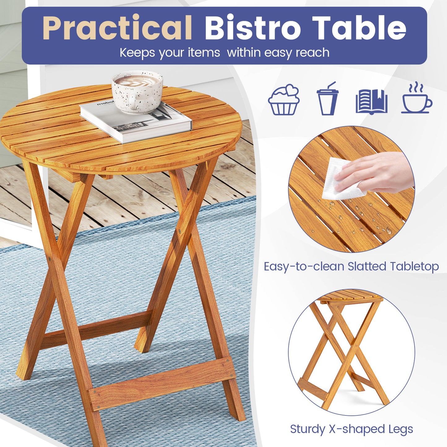 3 Pieces Acacia Wood Patio Folding Bistro Set with Soft Cushions-Navy