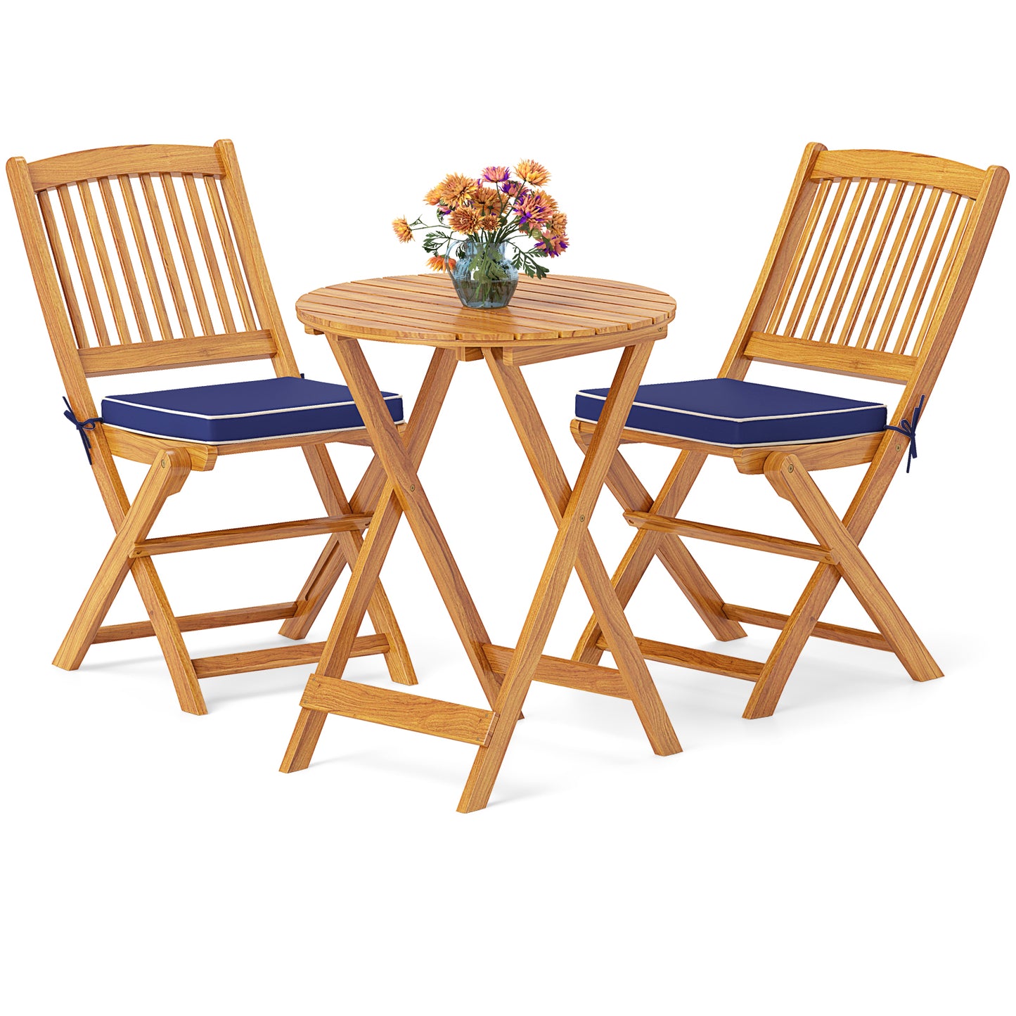 3 Pieces Acacia Wood Patio Folding Bistro Set with Soft Cushions-Navy