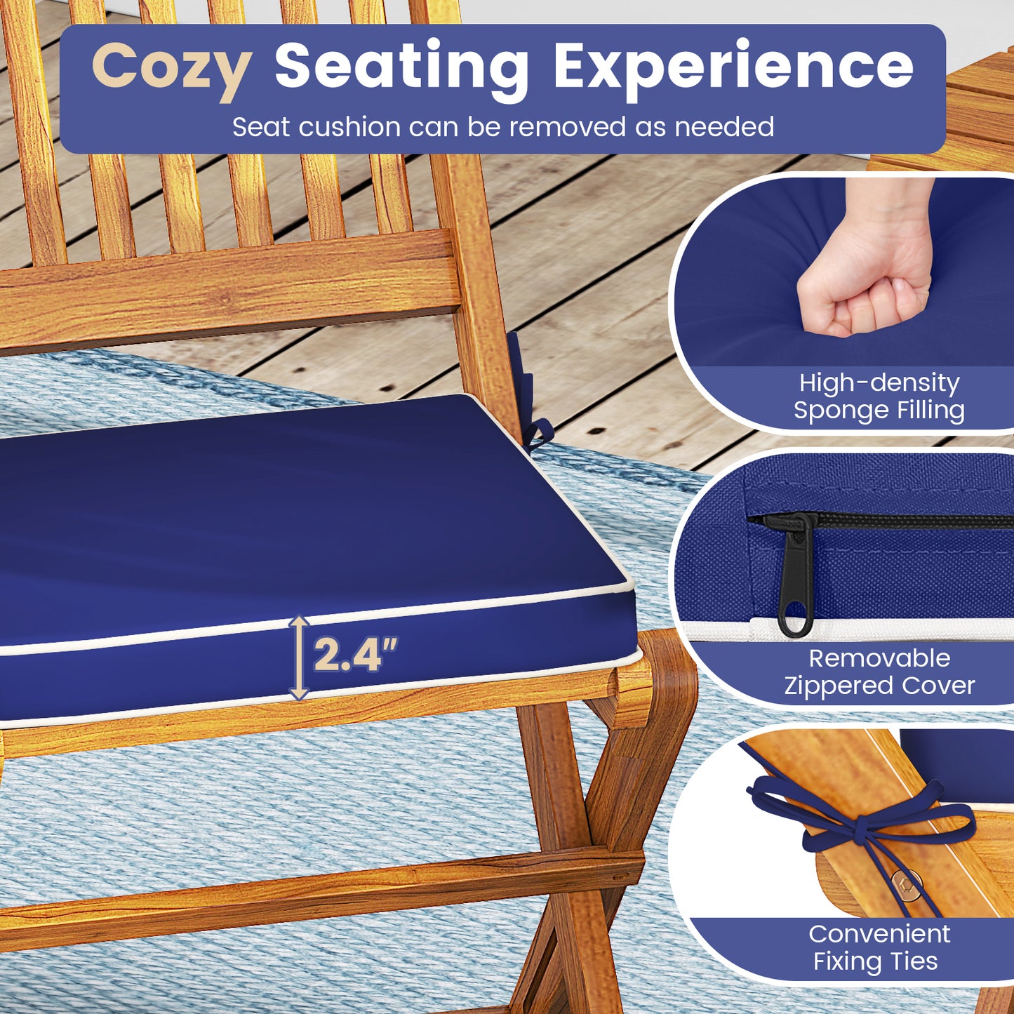 3 Pieces Acacia Wood Patio Folding Bistro Set with Soft Cushions-Navy