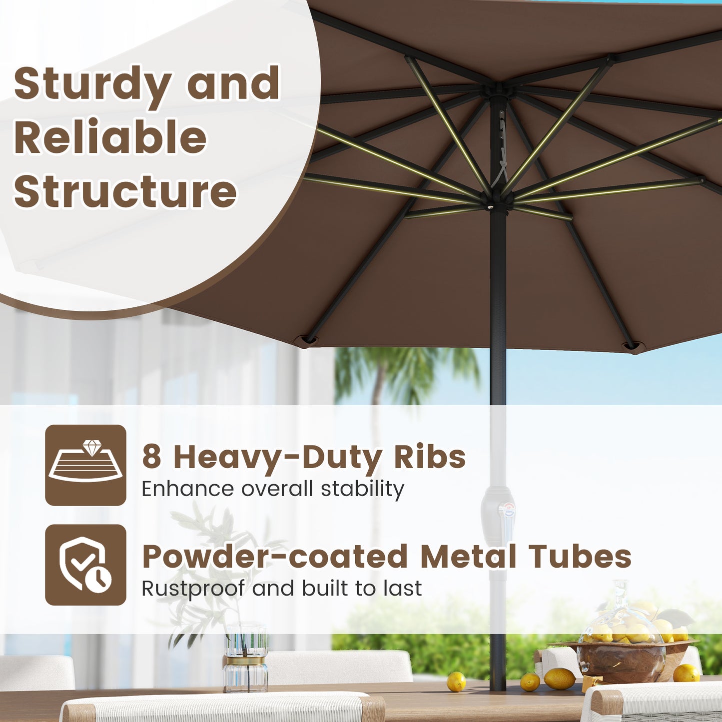 Outdoor Heavy Duty Market Umbrella with Crank Handle and 8 Sturdy Ribs-Brown
