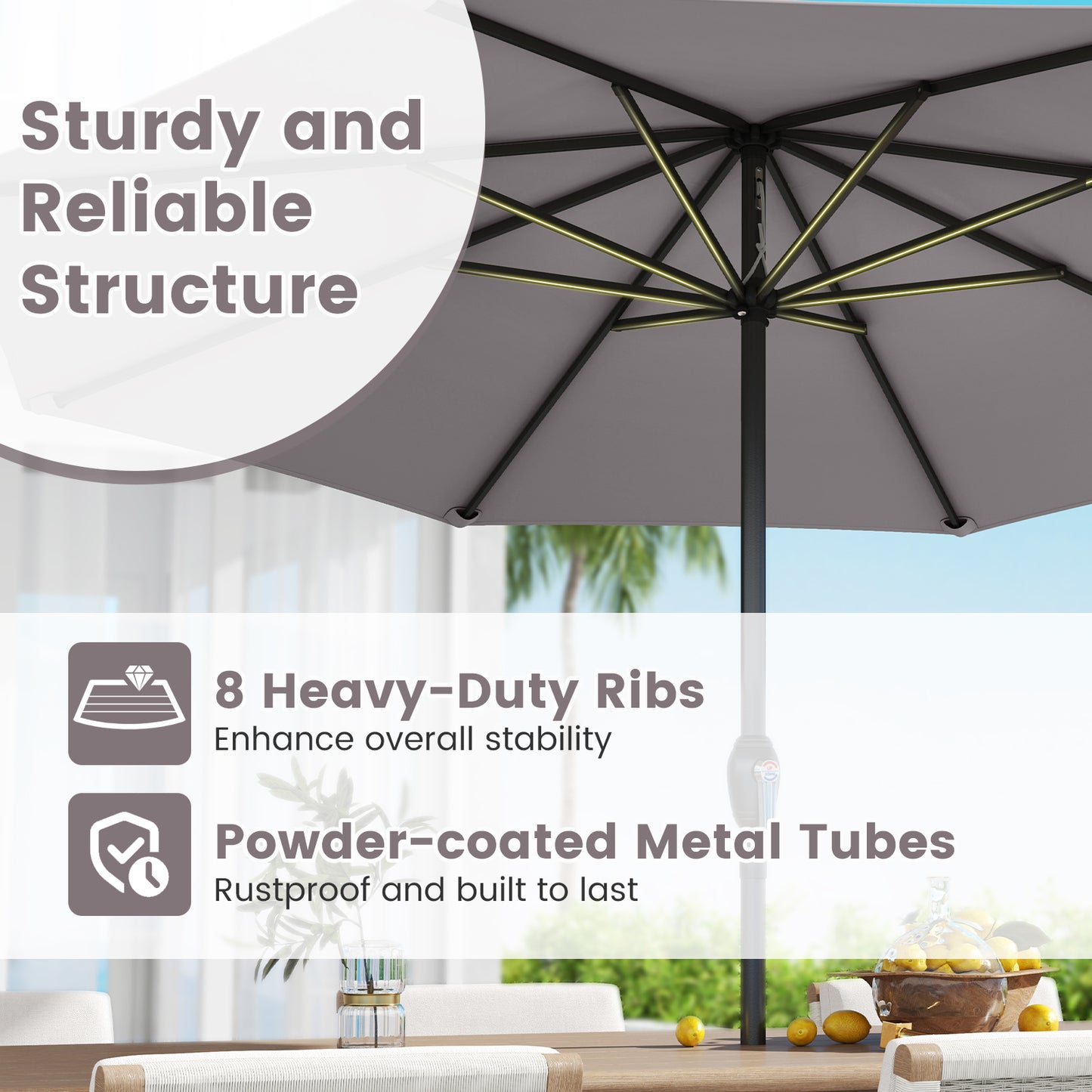 Outdoor Heavy Duty Market Umbrella with Crank Handle and 8 Sturdy Ribs-Gray