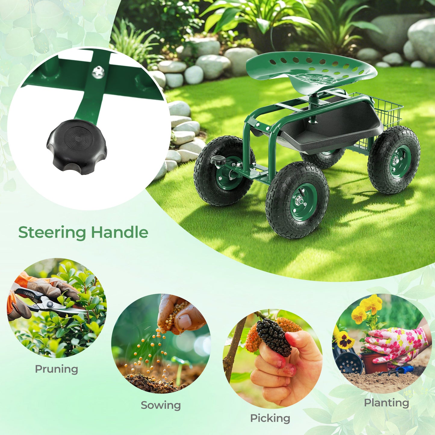 4-Wheel Rolling Garden Cart Work Seat-Green