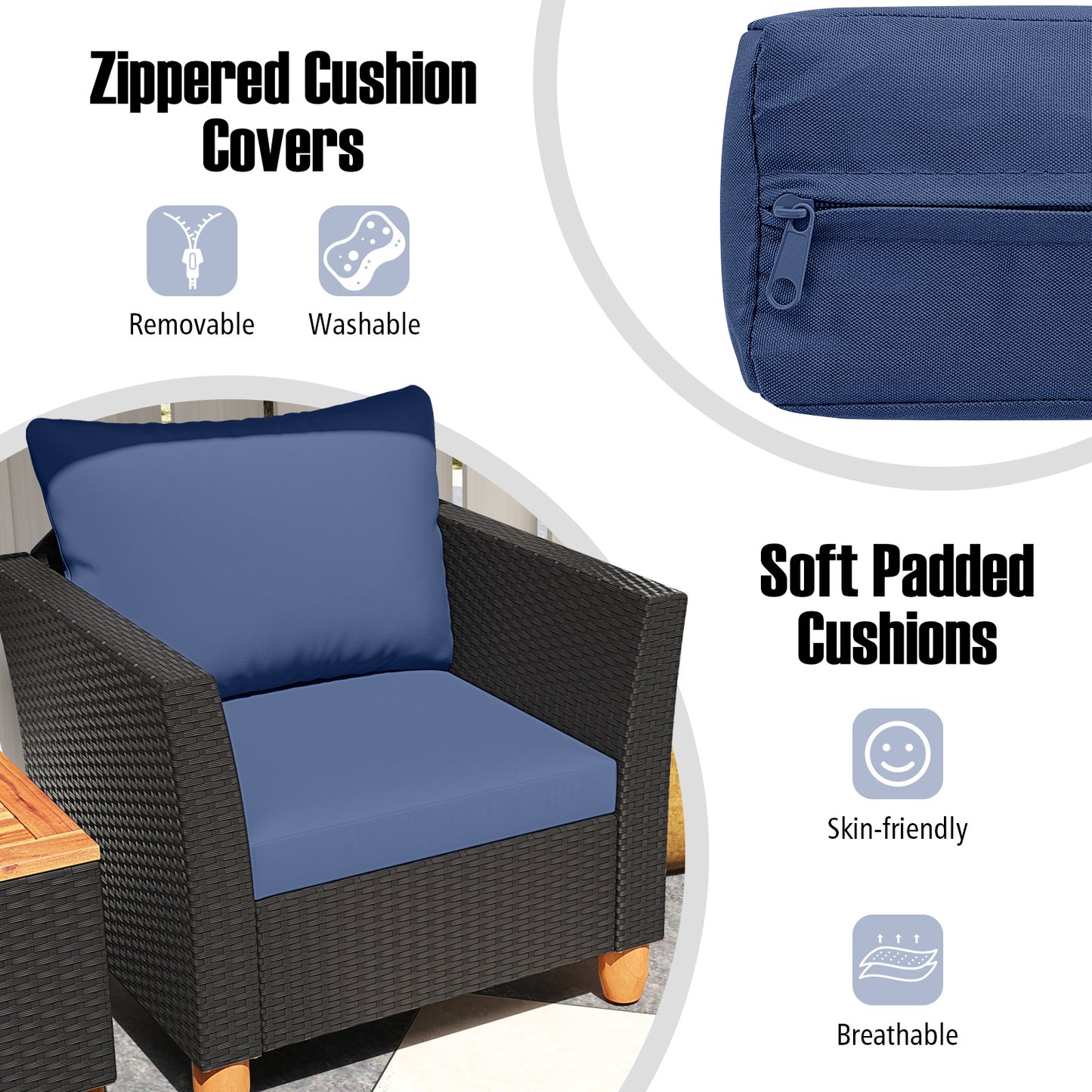 3 Pieces Outdoor Patio Rattan Furniture Set-Navy