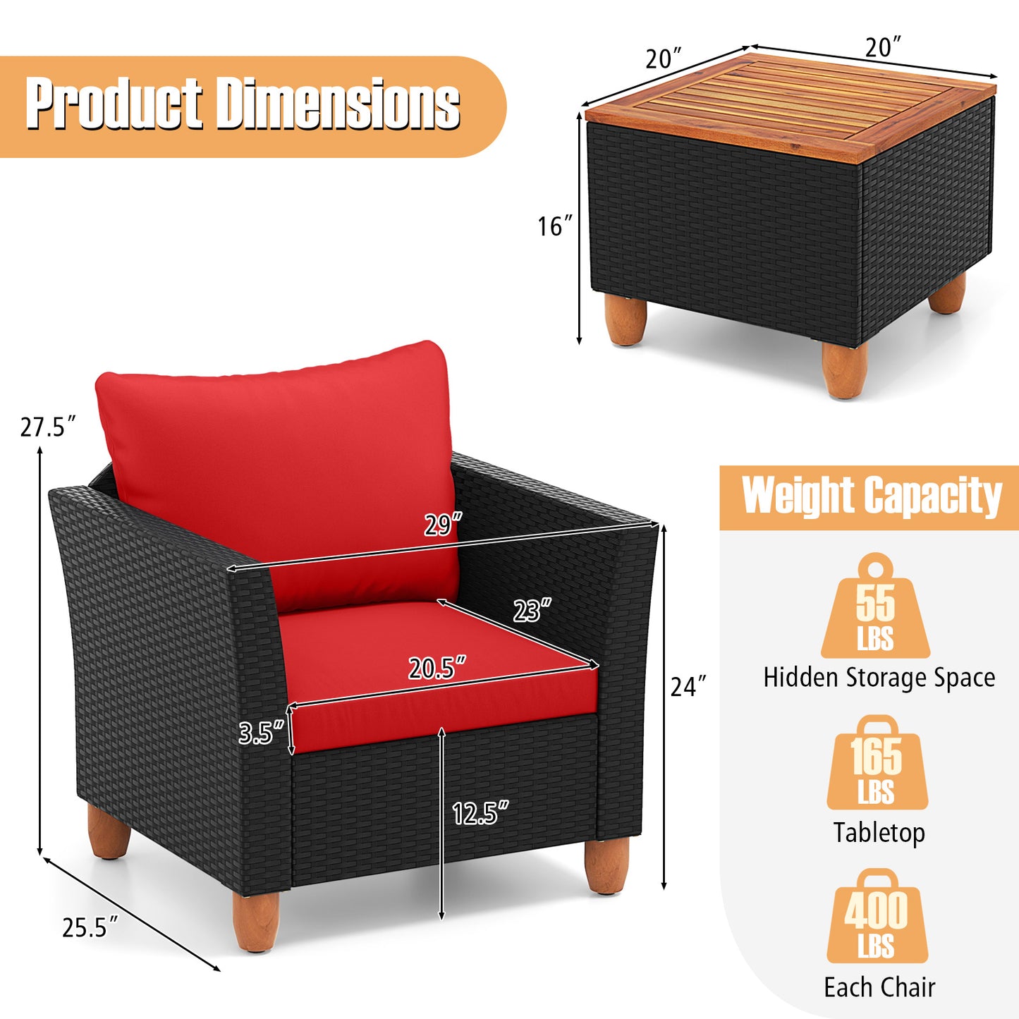 3 Pieces Outdoor Patio Rattan Furniture Set-Red
