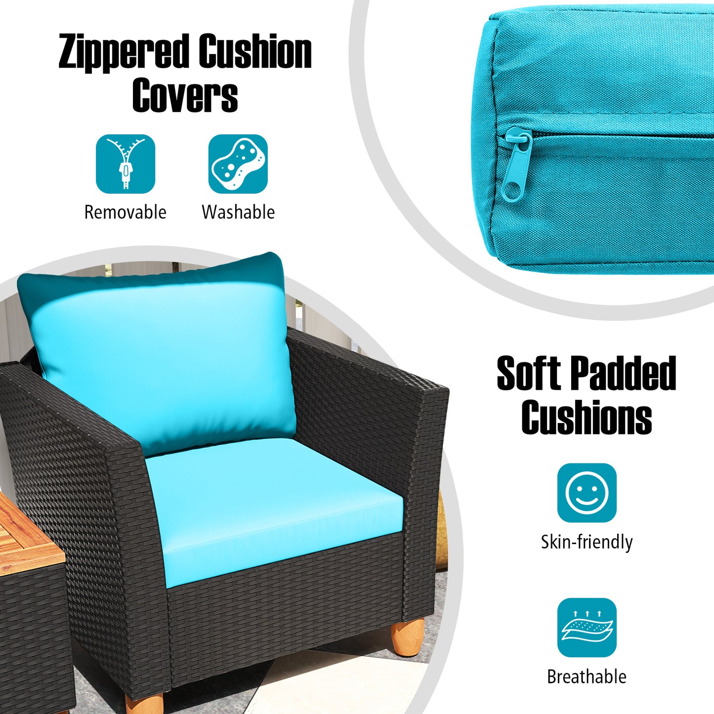 3 Pieces Outdoor Patio Rattan Furniture Set-Turquoise