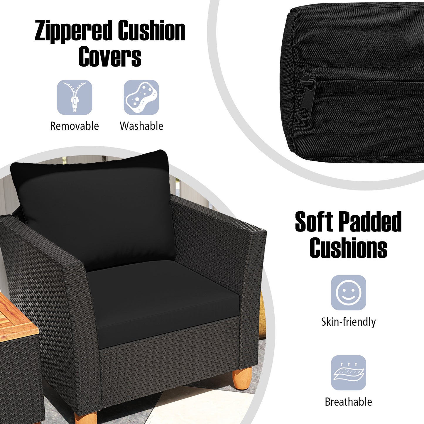 3 Pieces Outdoor Patio Rattan Furniture Set-Black