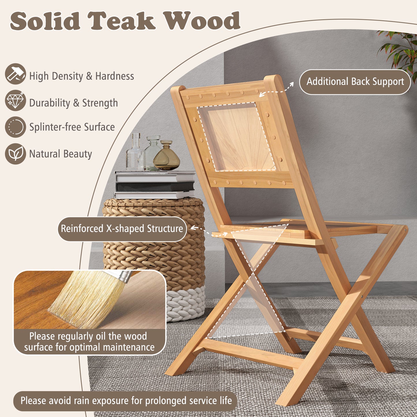 2 Pieces Teak Wood Outdoor Dining Chairs with Slatted Sea