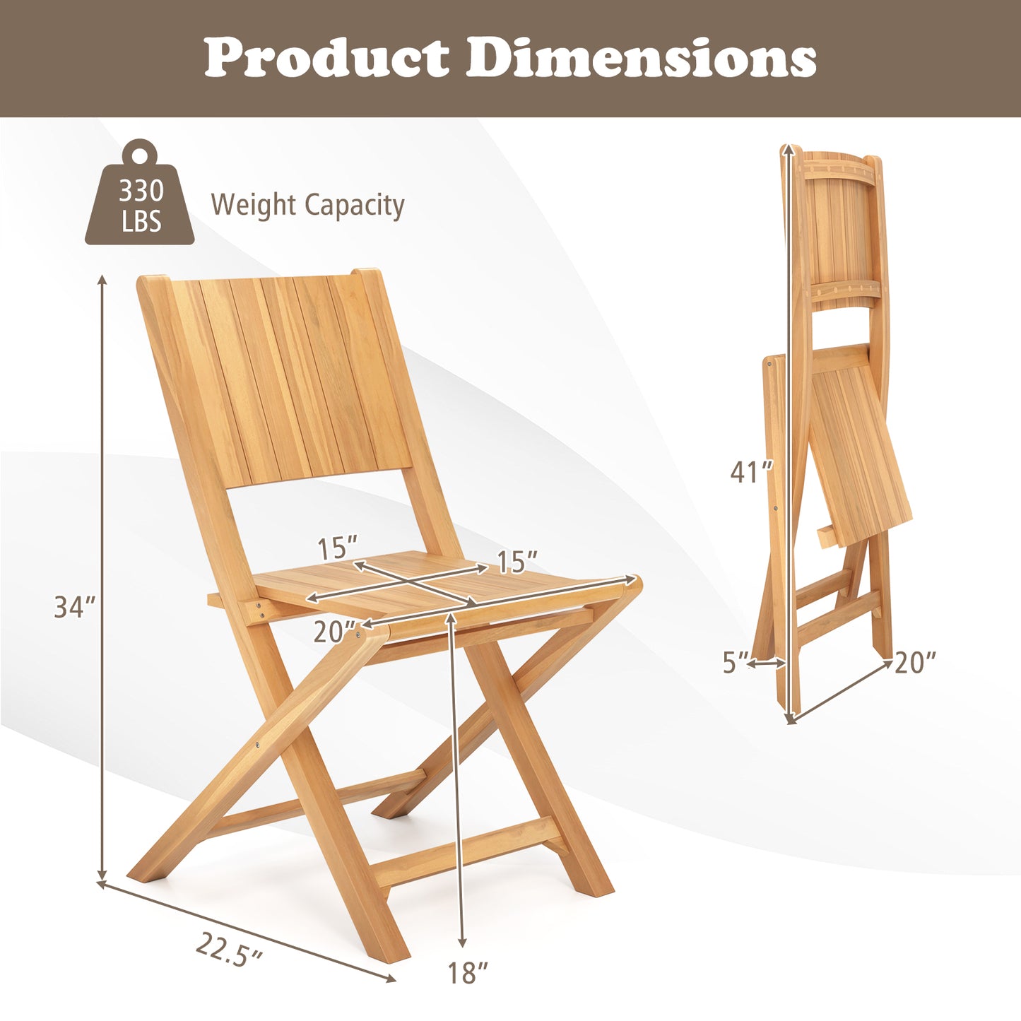 2 Pieces Teak Wood Outdoor Dining Chairs with Slatted Sea