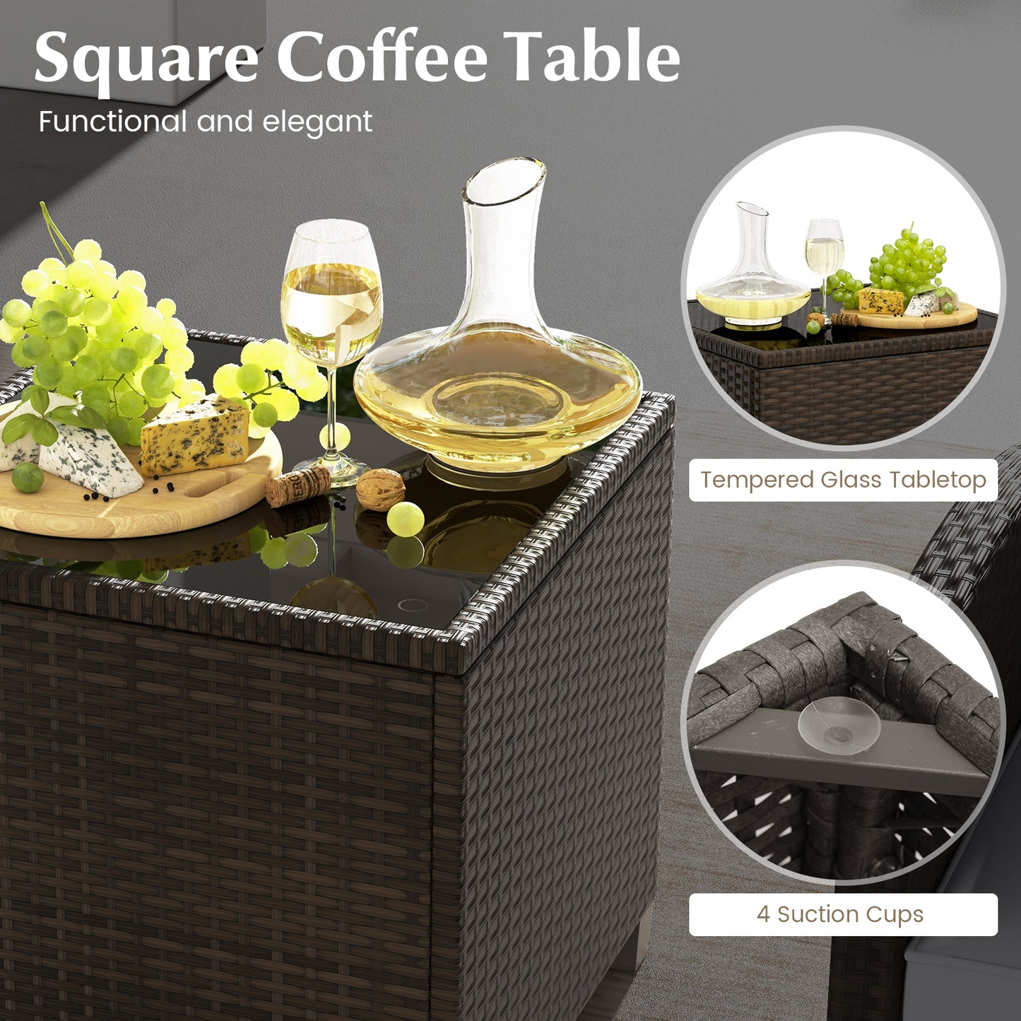 5 Pieces Patio Rattan Furniture with 2 Ottomans and Tempered Glass Coffee Table-Gray