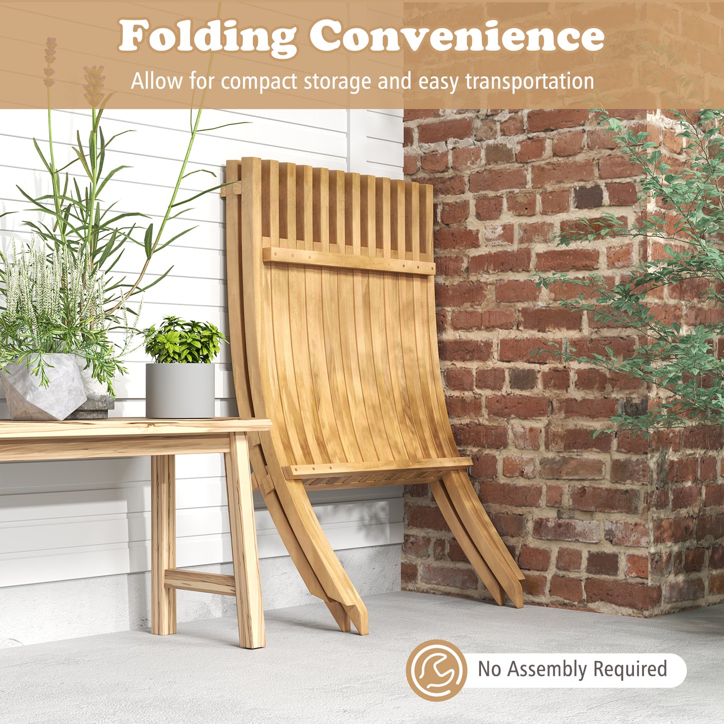 Folding Teak Wood Outdoor Lounge Chair with Slatted Seat and Backrest