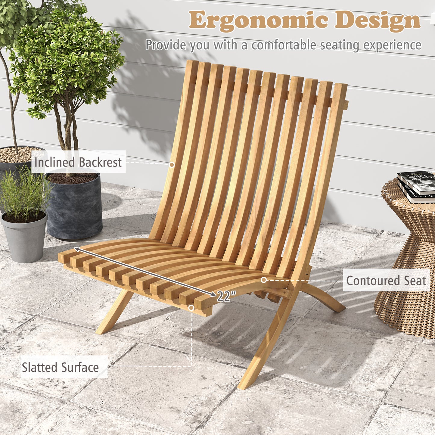 Folding Teak Wood Outdoor Lounge Chair with Slatted Seat and Backrest
