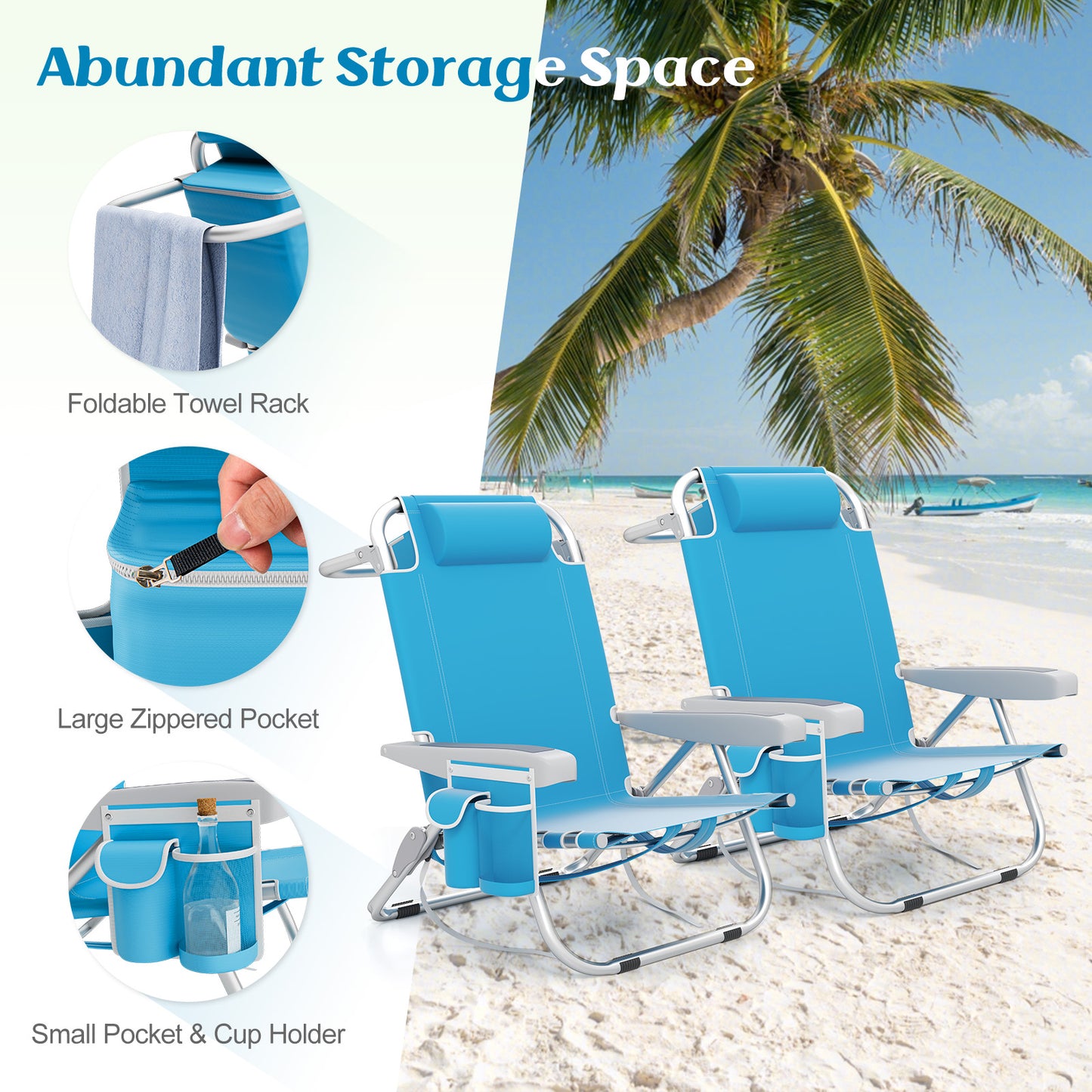 Foldable Backpack Beach Chair with Cup Holder and Storage Pockets Set of 2-Blue