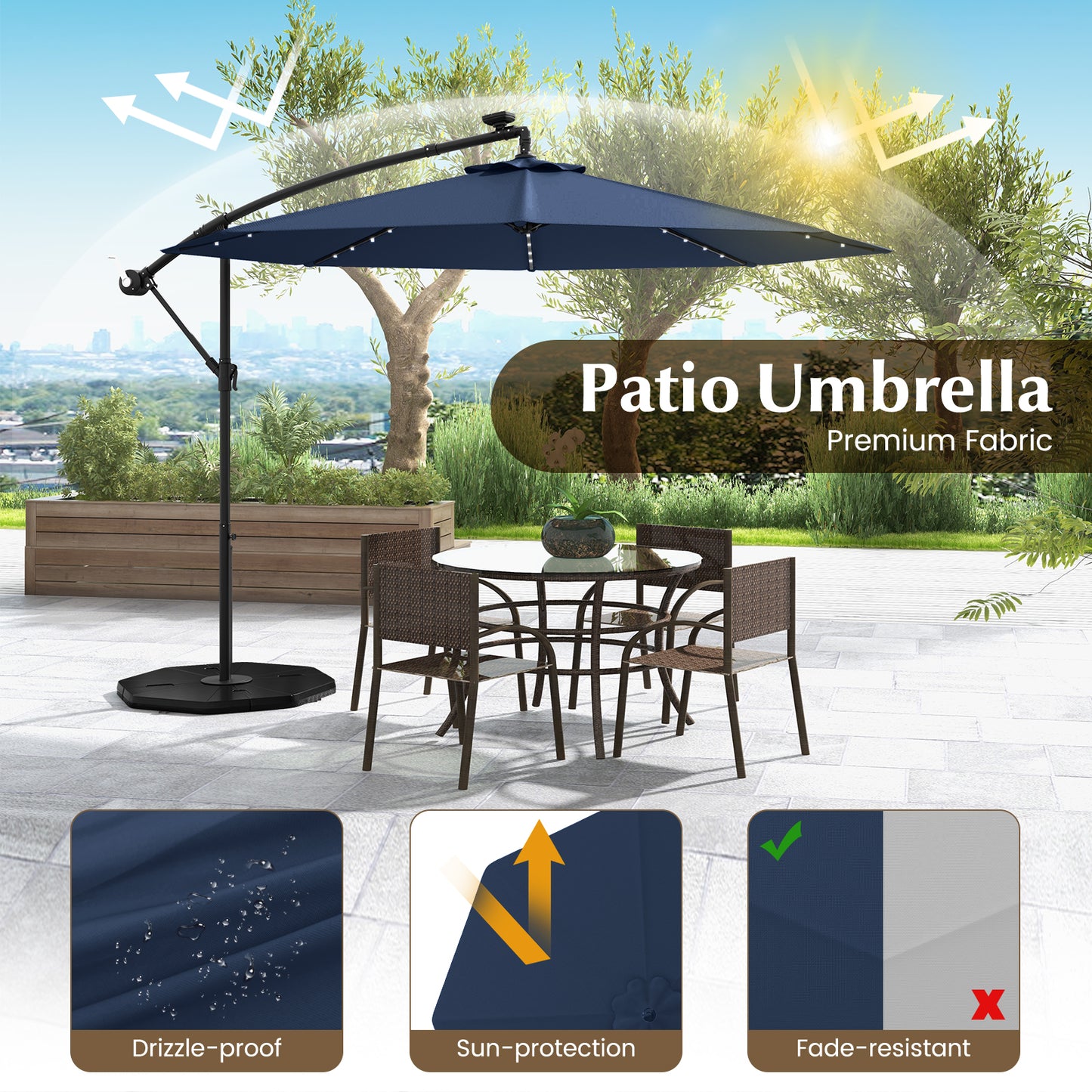 10 Ft Solar LED Offset Umbrella with 40 Lights and Cross Base for Patio-Blue