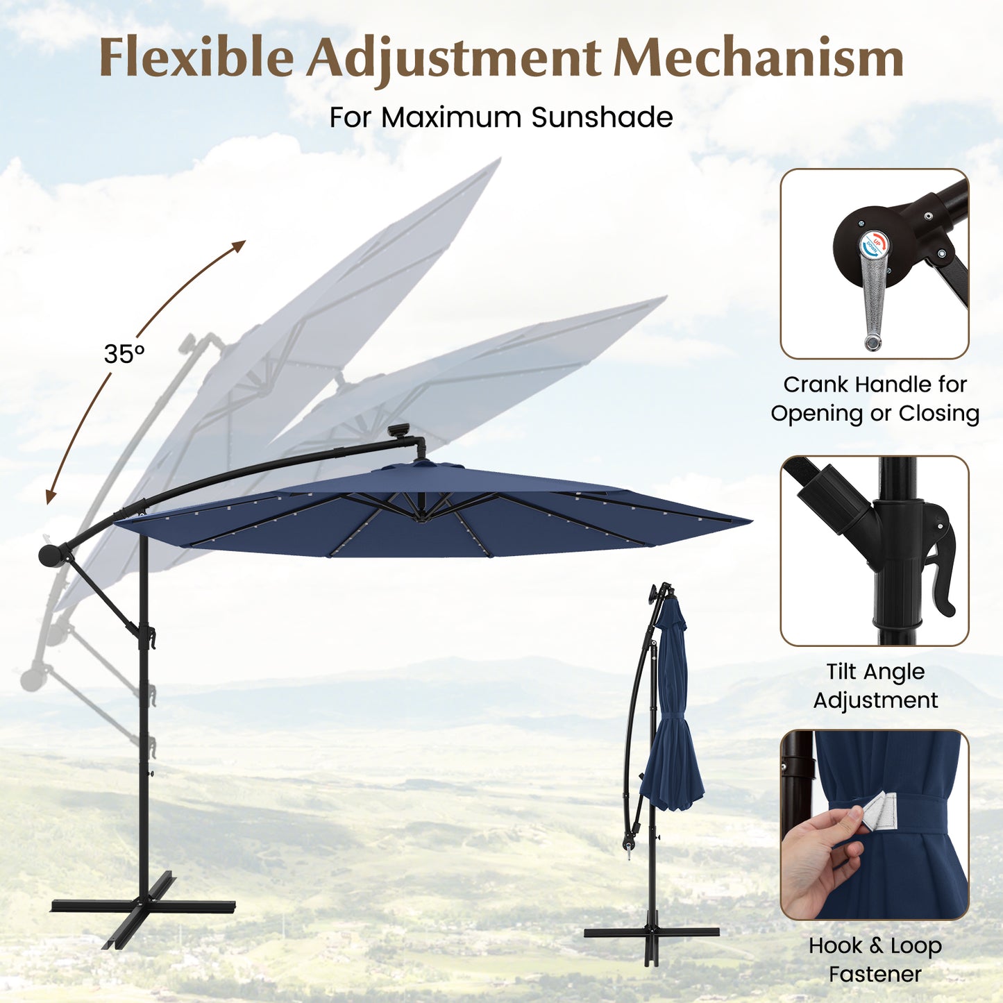 10 Ft Solar LED Offset Umbrella with 40 Lights and Cross Base for Patio-Blue