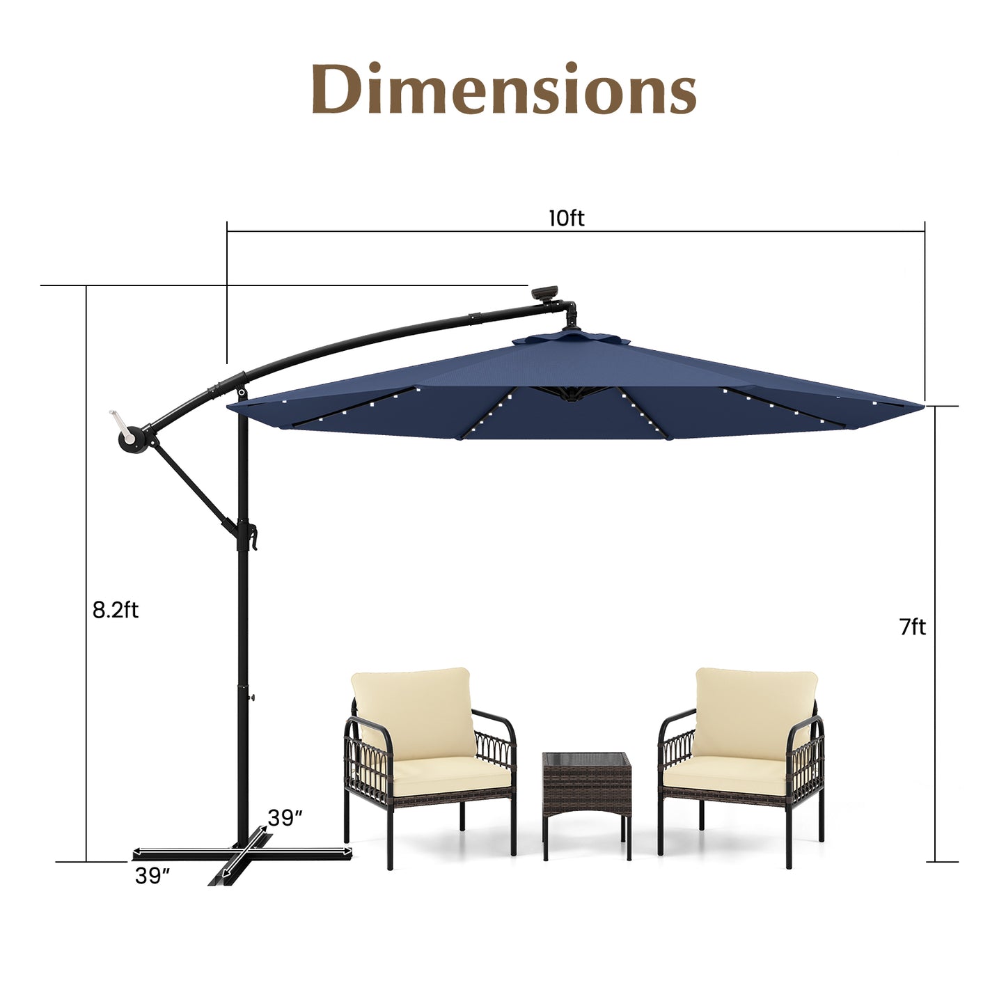 10 Ft Solar LED Offset Umbrella with 40 Lights and Cross Base for Patio-Blue