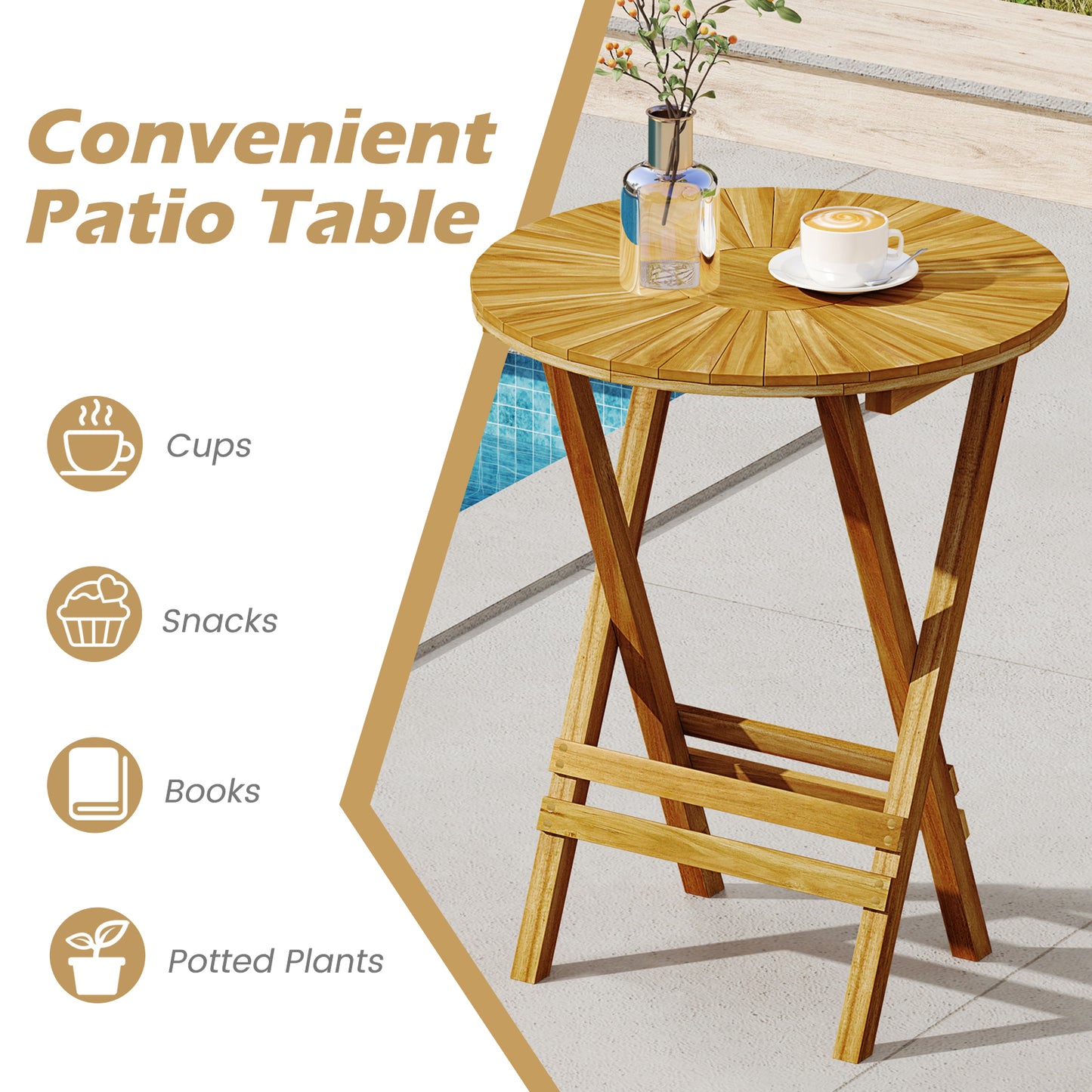 Patio Folding Side Table Teak Wood Round End Table with Slatted Tabletop and X-Shaped Frame
