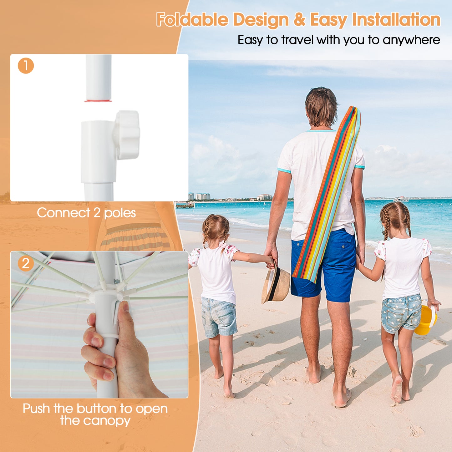 6.5 Feet Patio Beach Umbrella with Waterproof Polyester Fabric-Orange