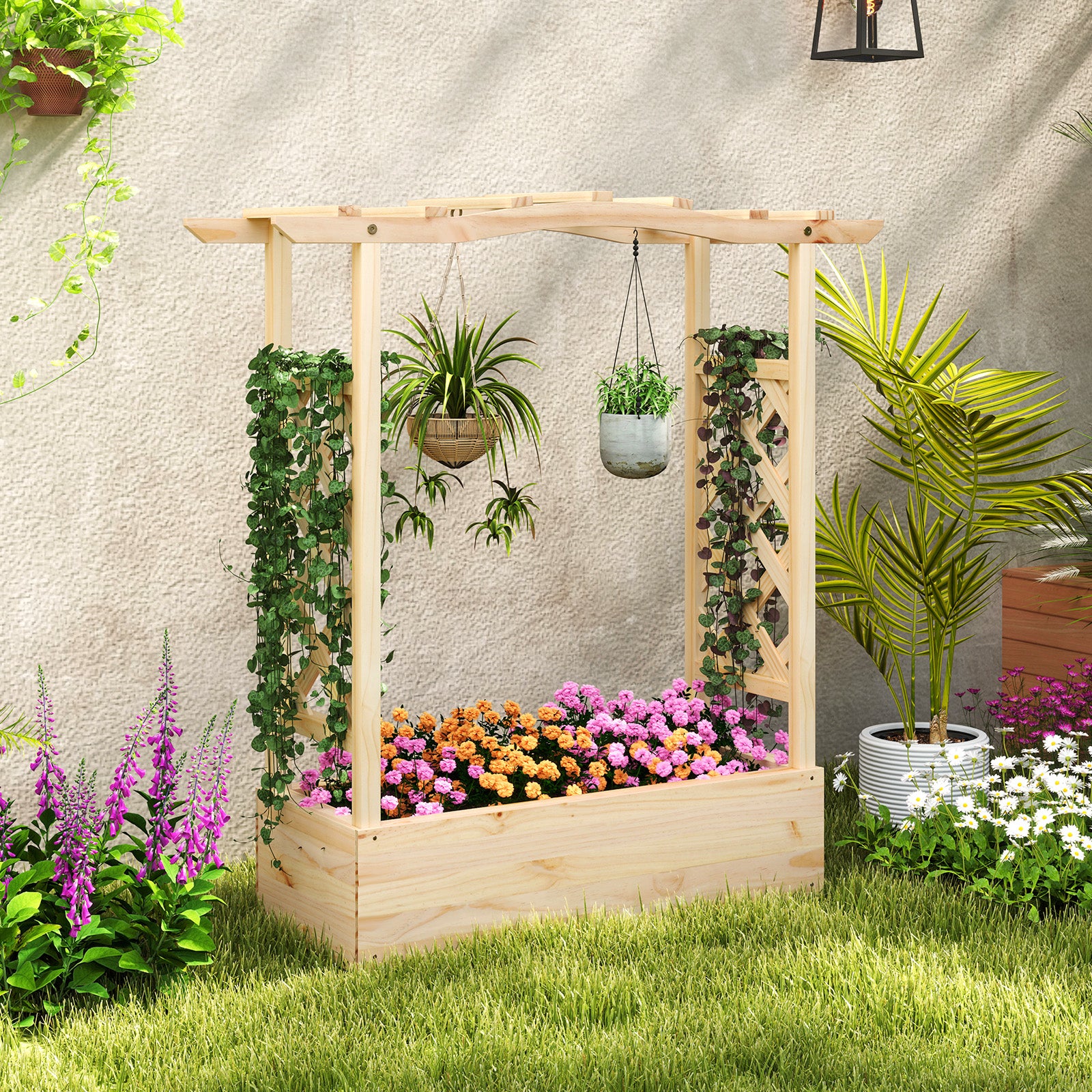 patio planter boxes hanging Wooden Raised Garden Bed Planter Box with Trellis and Hanging Roof – LUV MY PATIO