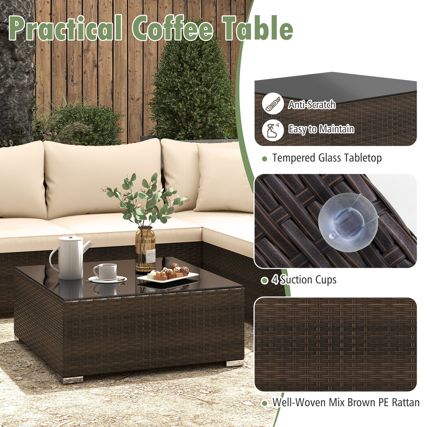 7 Pieces Patio Rattan Furniture Set with Sectional Sofa Cushions-Beige