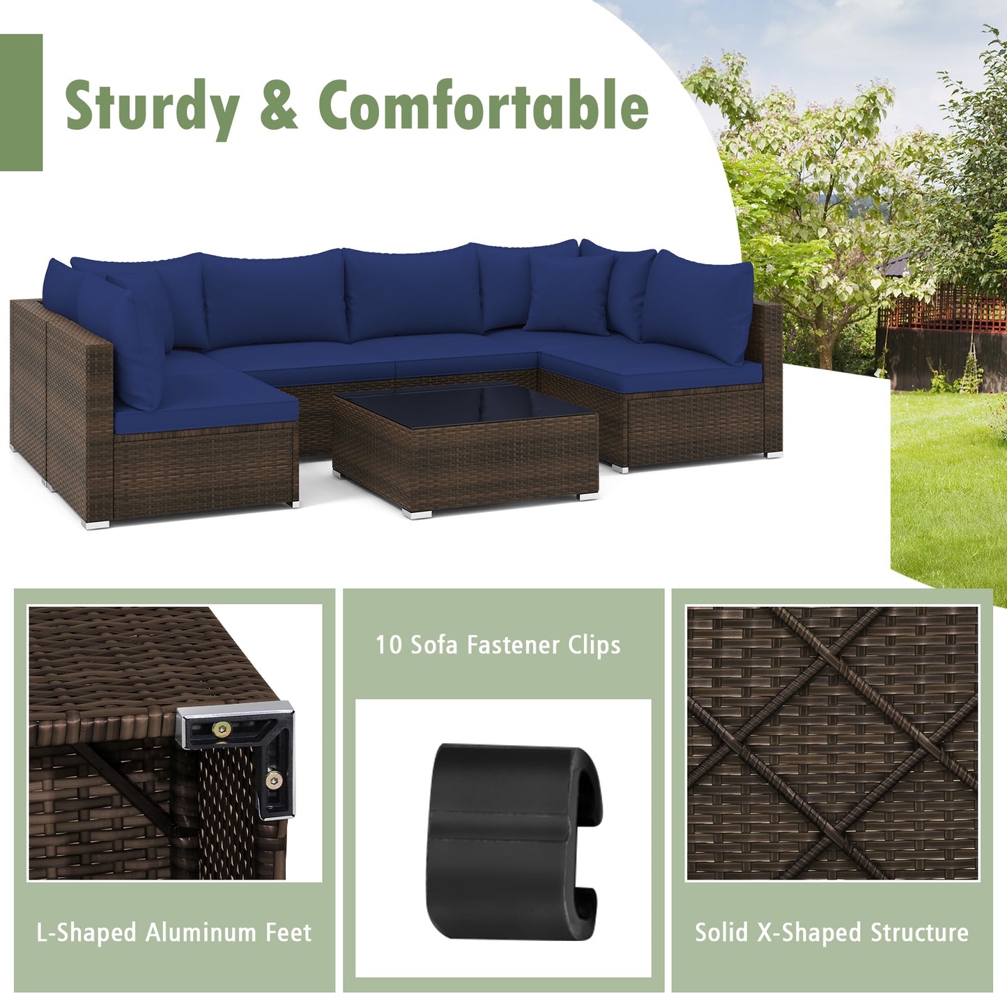 7 Pieces Patio Rattan Furniture Set with Sectional Sofa Cushions-Navy