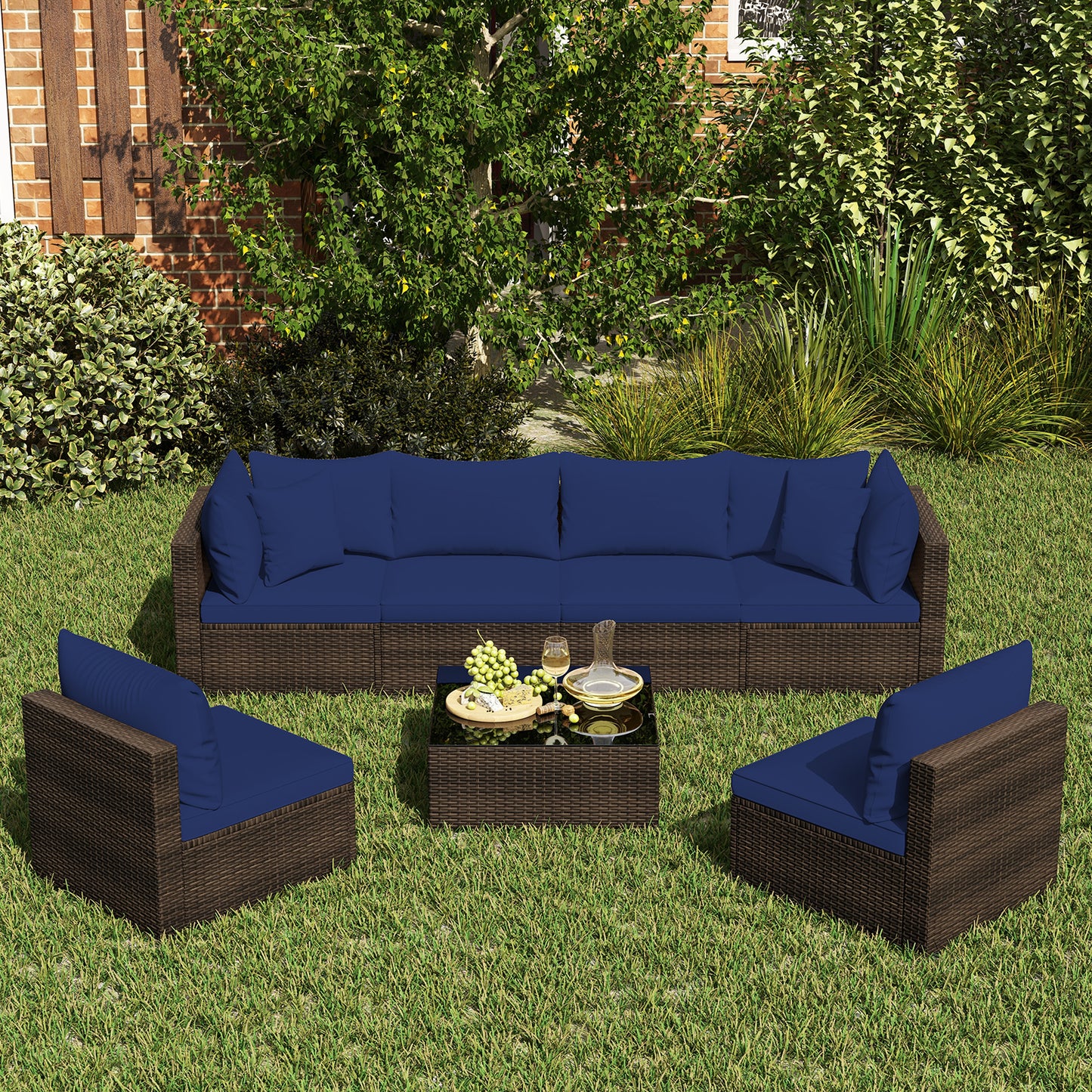 7 Pieces Patio Rattan Furniture Set with Sectional Sofa Cushions-Navy