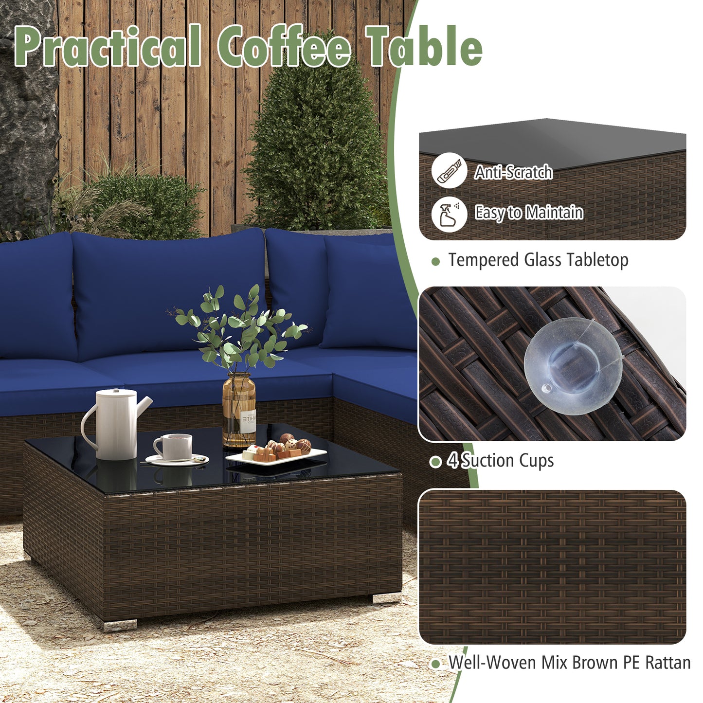 7 Pieces Patio Rattan Furniture Set with Sectional Sofa Cushions-Navy