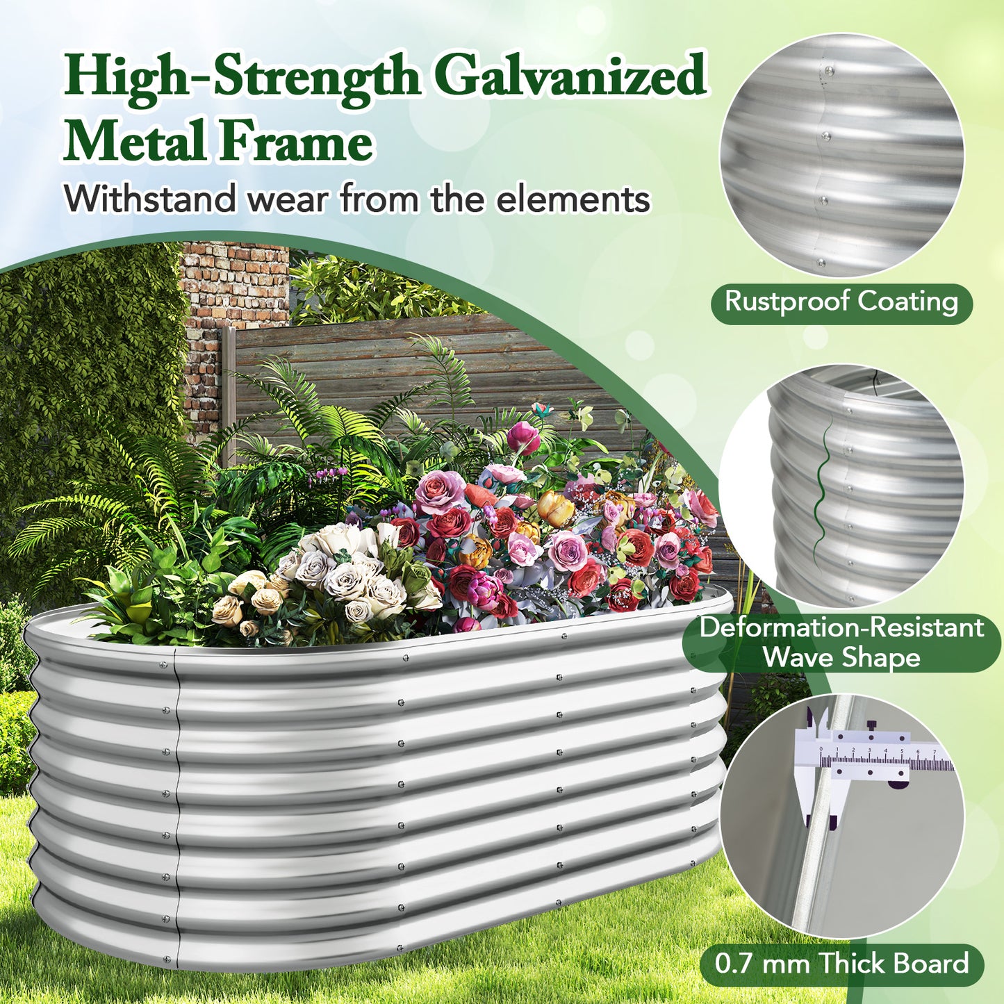 5 x 3 x 2 Feet Metal Oval Raised Garden Bed with Open Bottom Design-Silver