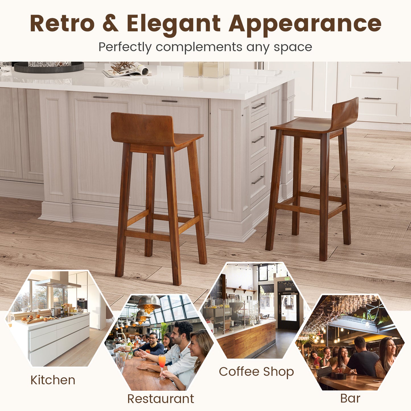 29 Inch Wood Bar Stools Set of 2 with Solid Back and Seat-Walnut
