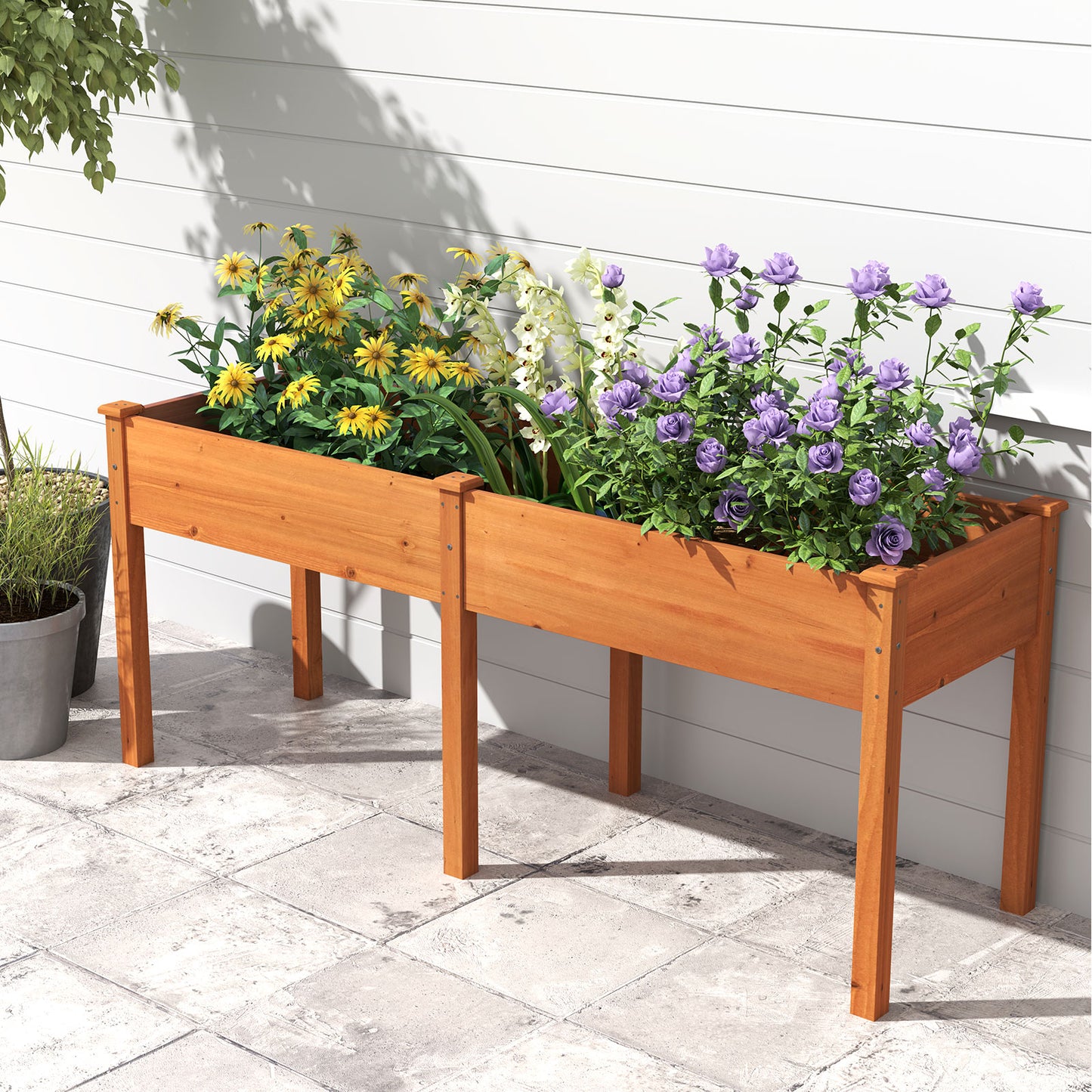 Fir Wood Outdoor Raised Garden Bed with Divider Panel and Drainage Holes-Yellow