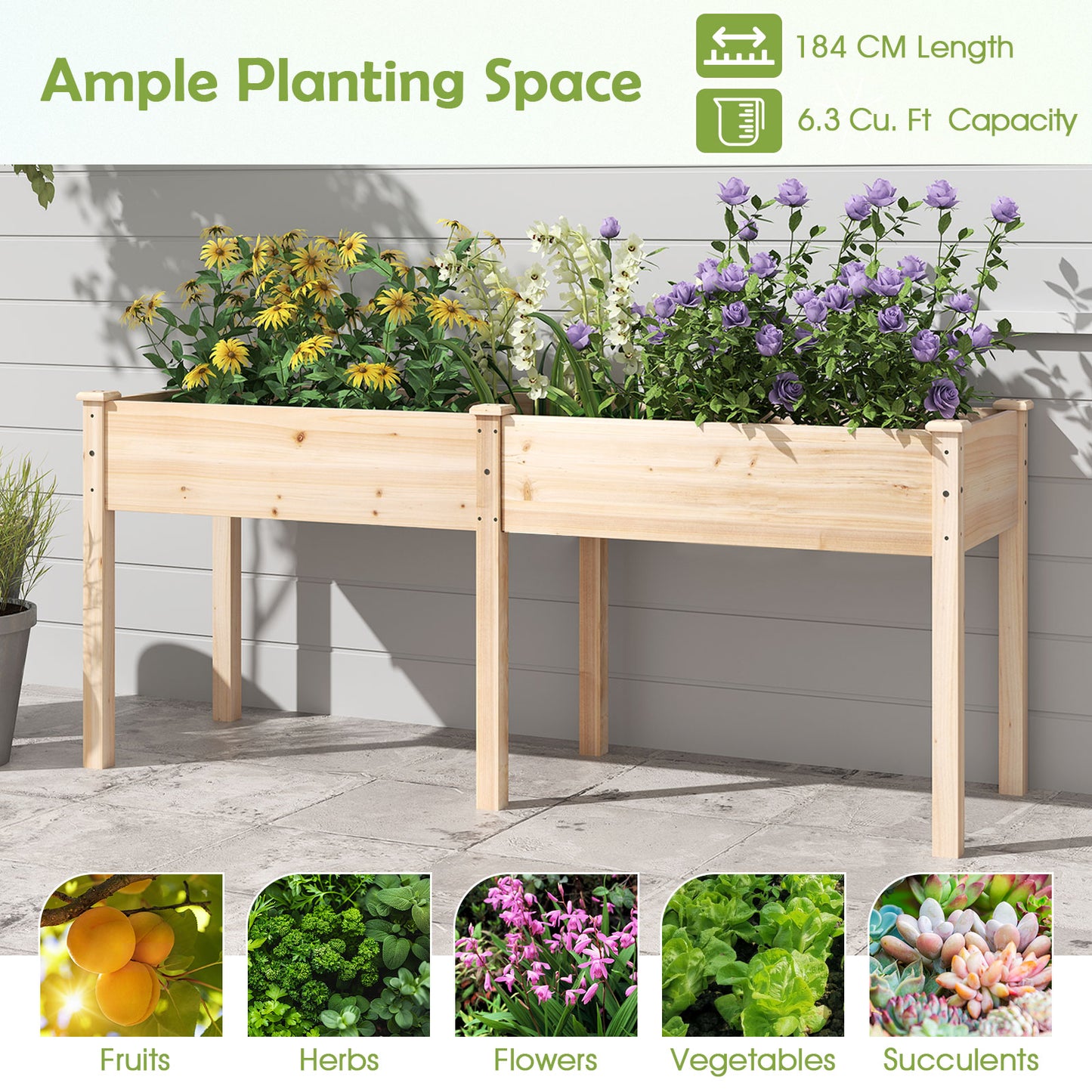 Fir Wood Outdoor Raised Garden Bed with Divider Panel and Drainage Holes-Natural