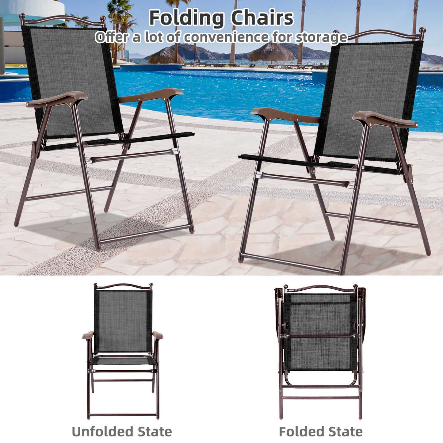 Set of 2 Patio Folding Sling Back Camping Deck Chairs-Coffee