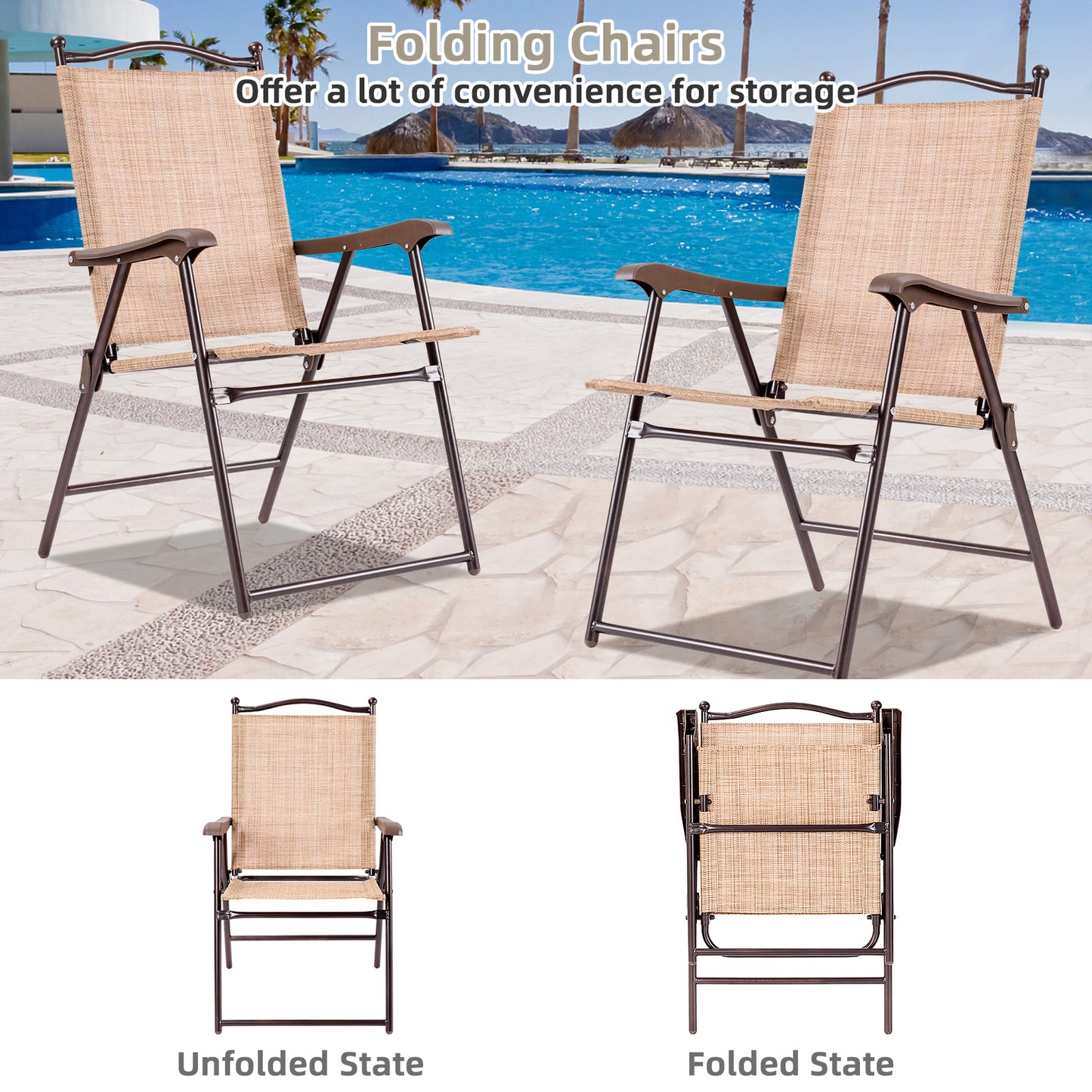 Set of 2 Patio Folding Sling Back Camping Deck Chairs-Beige