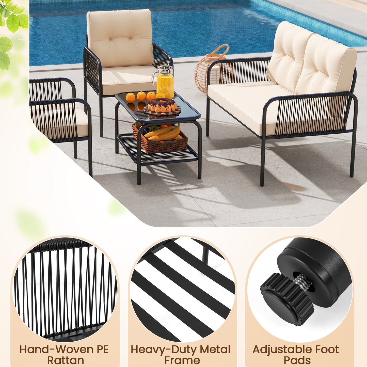 4 Pieces Patio Furniture Set PE Rattan Sofa Chairs with Loveseat-Beige