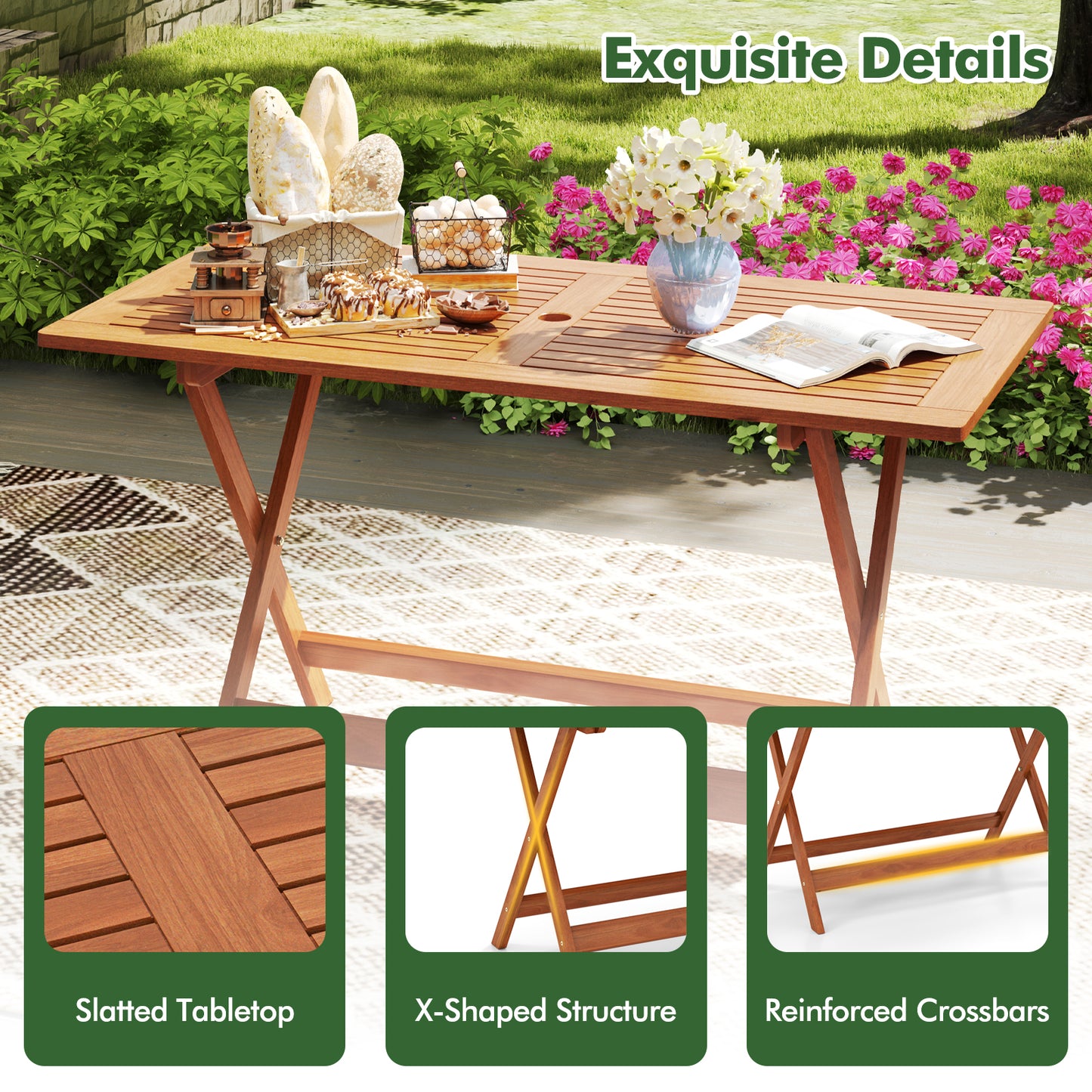 54.5 Inch x 27.5 Inch Patio Dining Table with Teak Painting and Umbrella Hole