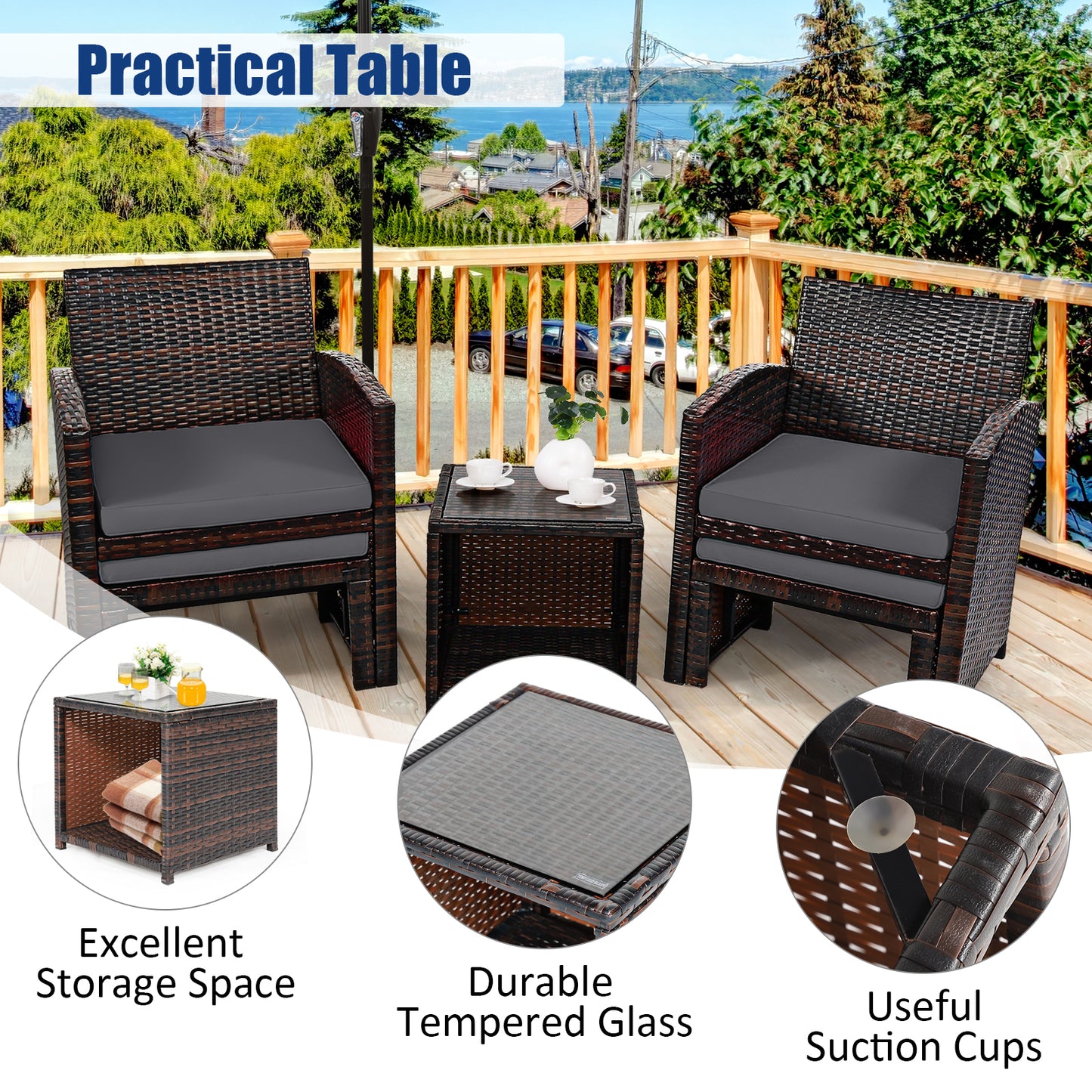 5 Pieces Patio Rattan Furniture Set with Ottoman and Tempered Glass Coffee Table-Gray