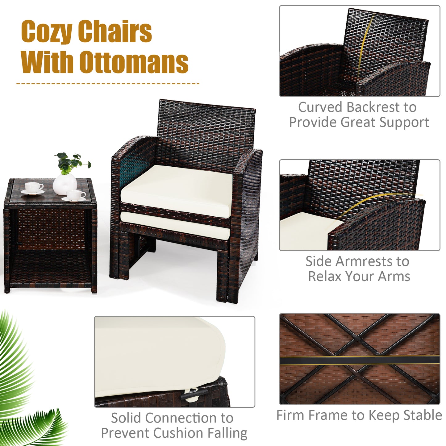 5 Pieces Patio Rattan Furniture Set with Ottoman and Tempered Glass Coffee Table-White