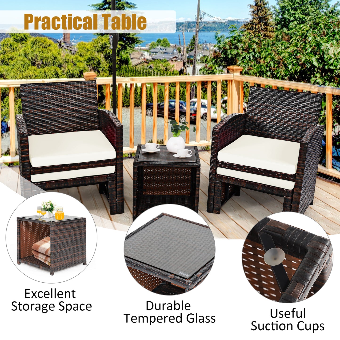 5 Pieces Patio Rattan Furniture Set with Ottoman and Tempered Glass Coffee Table-White