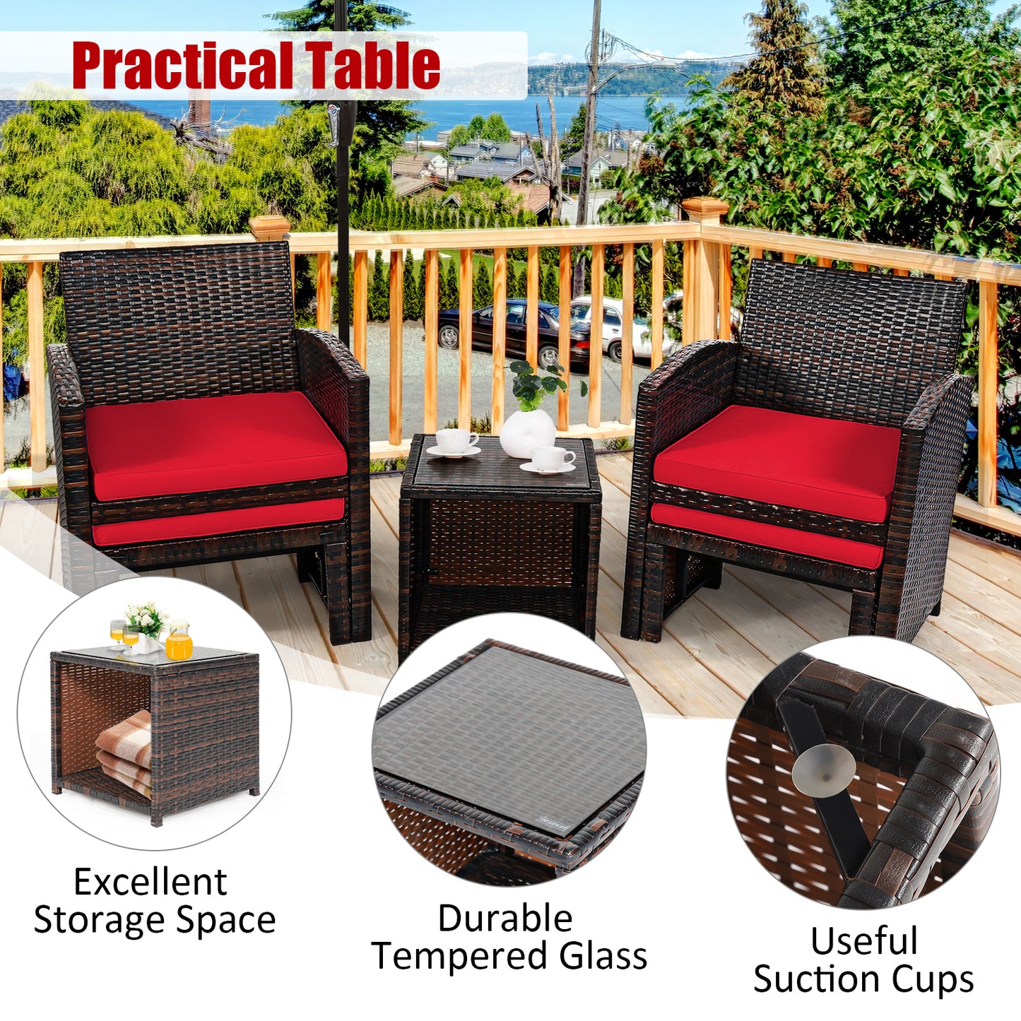 5 Pieces Patio Rattan Furniture Set with Ottoman and Tempered Glass Coffee Table-Red