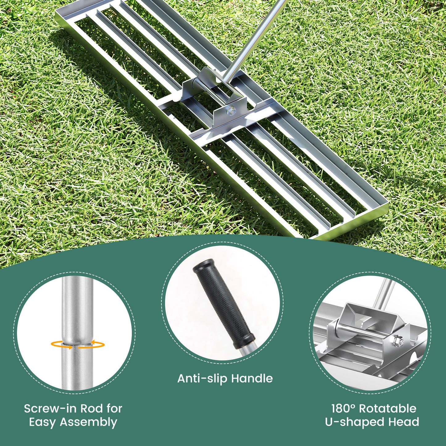 42 x 10 Inch Lawn Leveling Rake with Ergonomic Handle-Silver