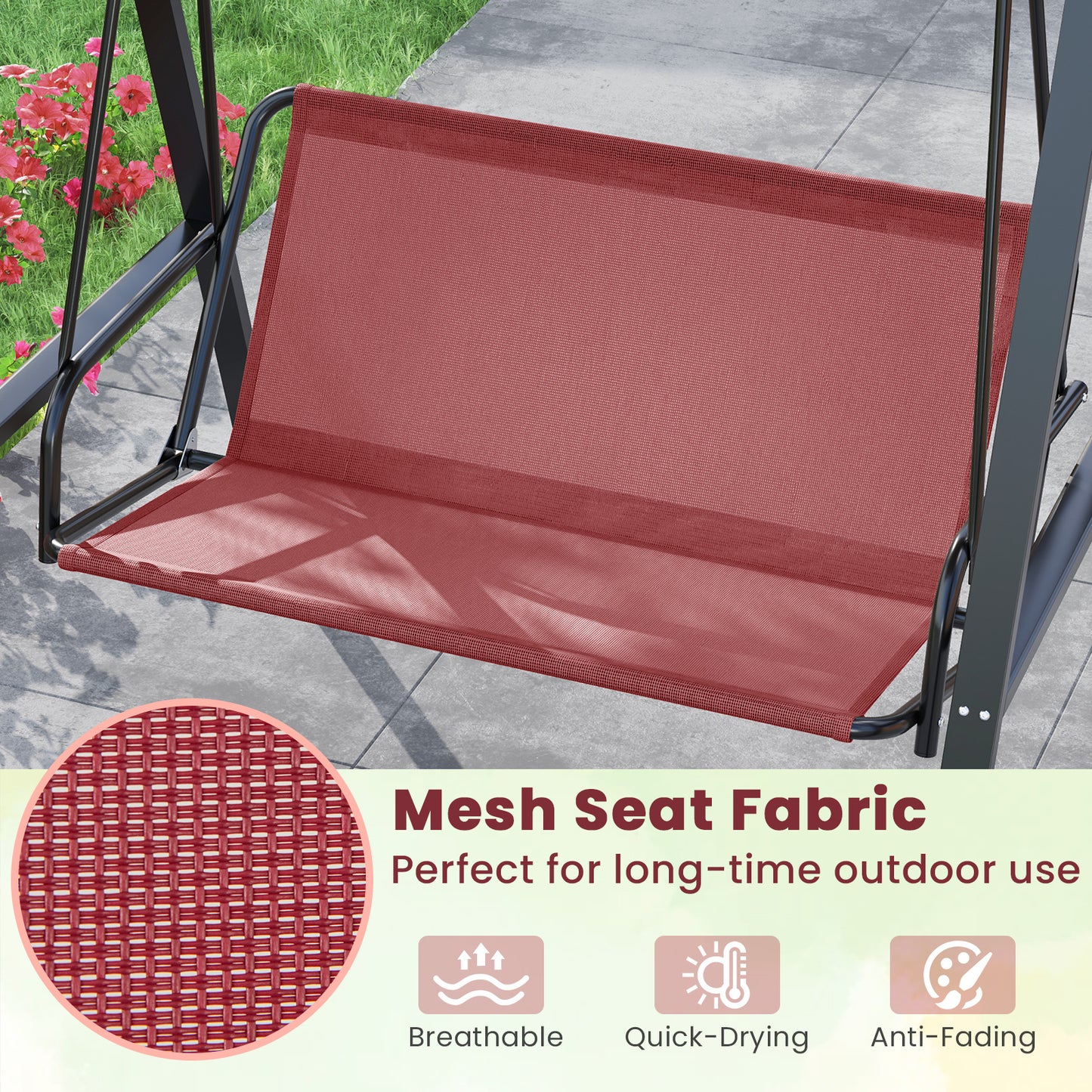 2-Person Outdoor Porch Swing with A-Shaped Metal Stand and Adjustable Canopy-Wine