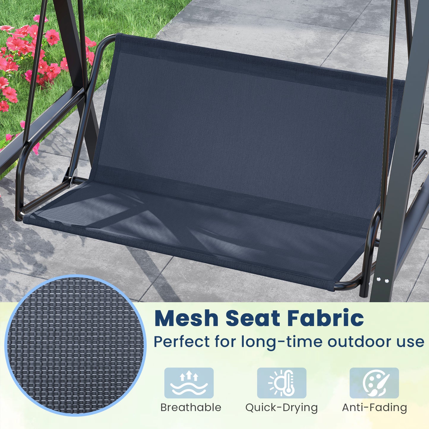 2-Person Outdoor Porch Swing with A-Shaped Metal Stand and Adjustable Canopy-Navy