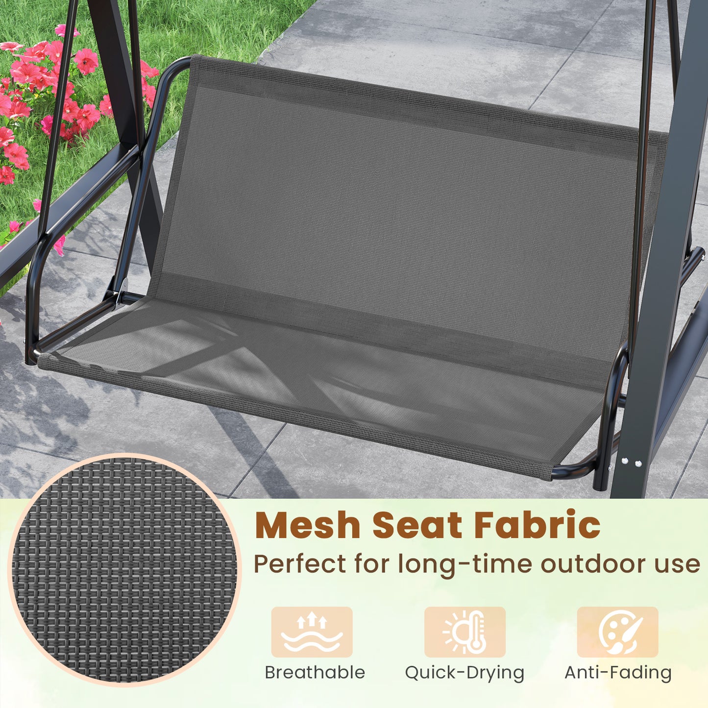 2-Person Outdoor Porch Swing with A-Shaped Metal Stand and Adjustable Canopy-Gray